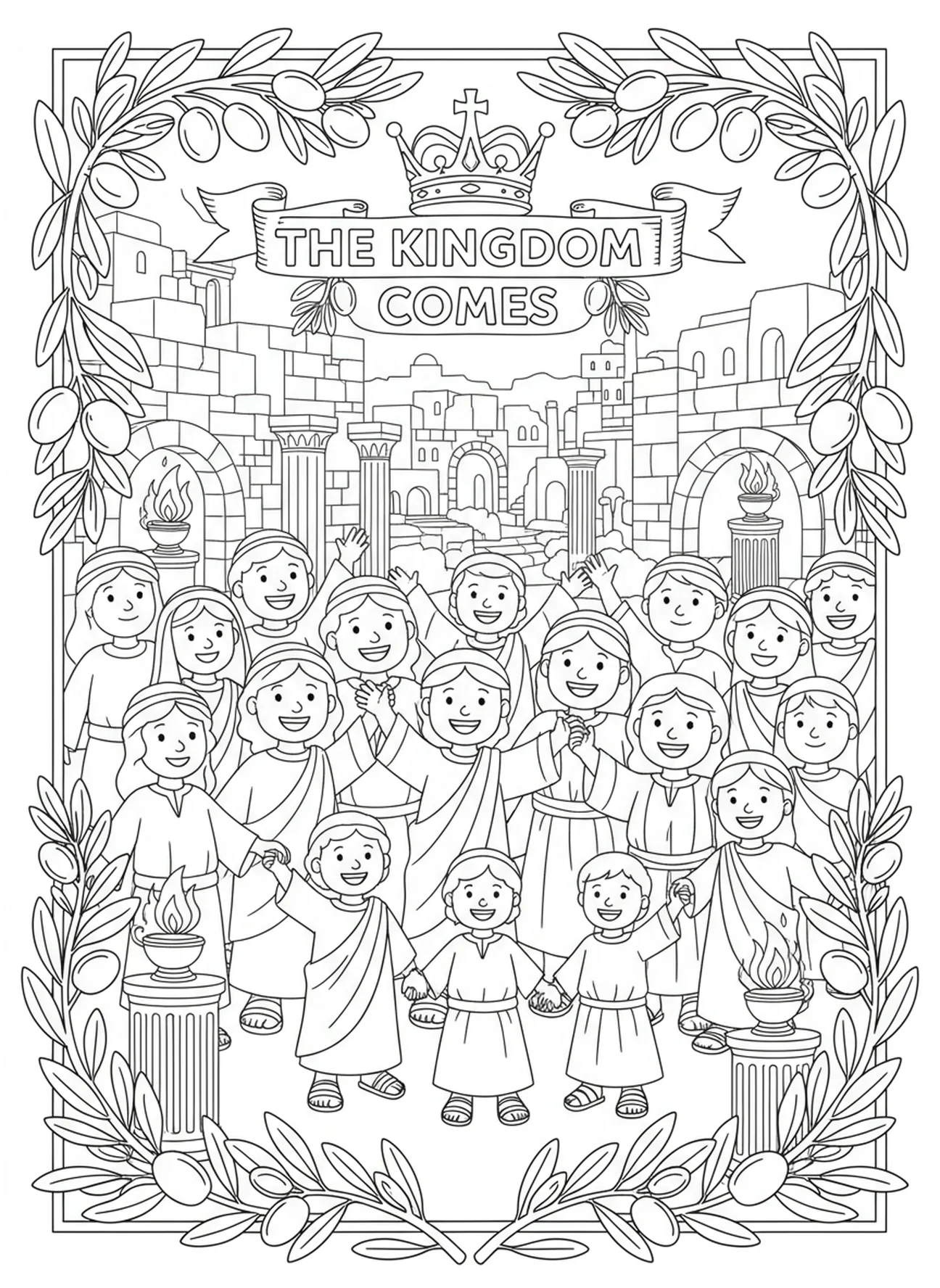 Rassemblement joyeux dans le royaume, page à colorier du Notre Père pour les enfants de l'École du dimanche âgés de 5 à 12 ans