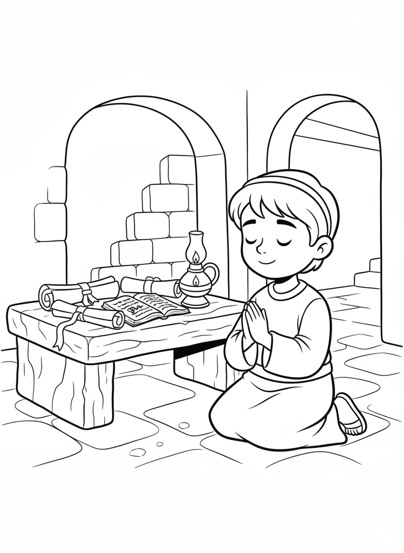 Disciple en prière, page à colorier du Notre Père pour les enfants de l'École du dimanche âgés de 5 à 12 ans