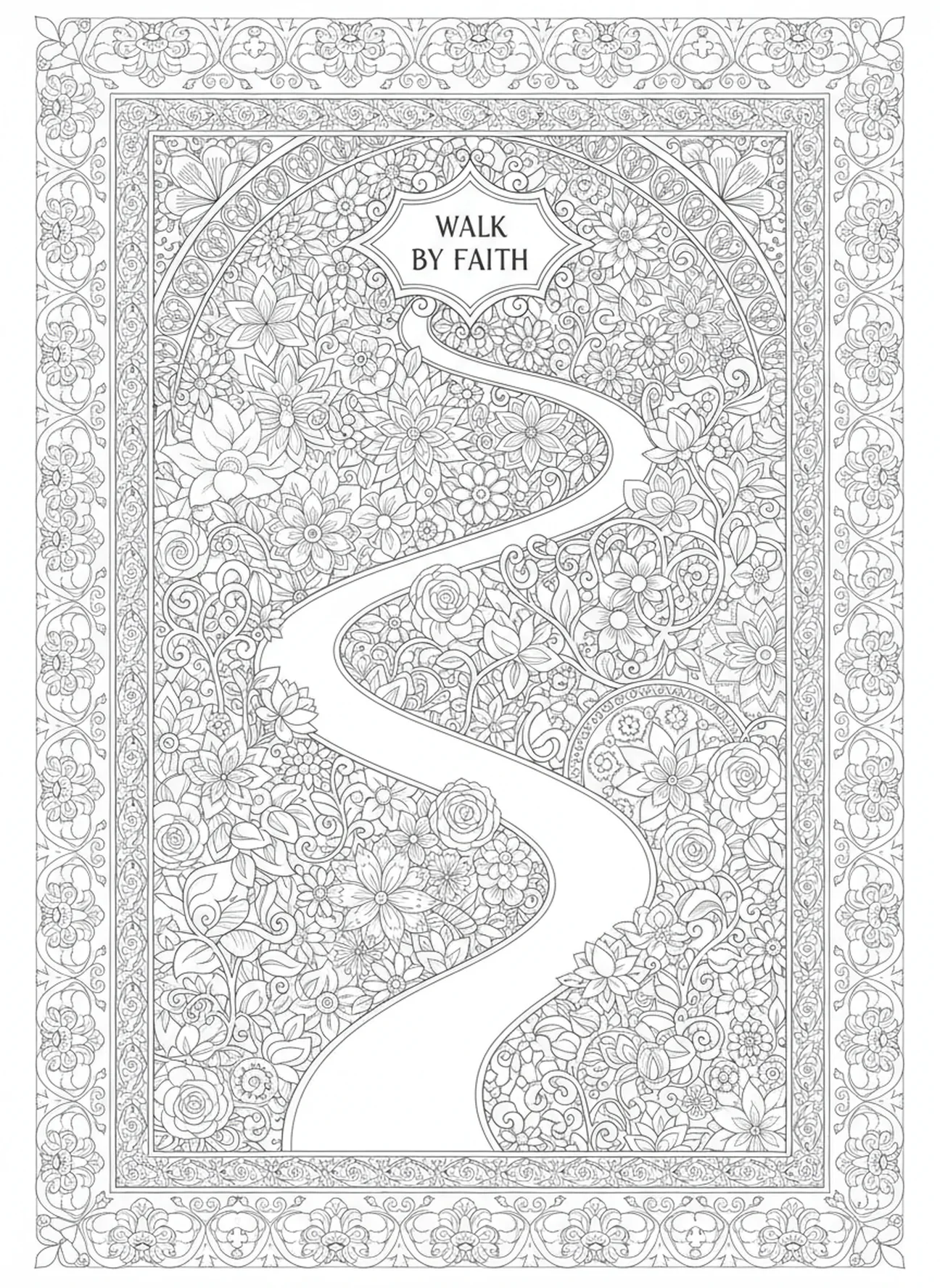 Winding path symbolizing faith, Vaterunser Führe uns nicht in Versuchung Malvorlage für Erwachsene im Bibel-Journaling-Stil