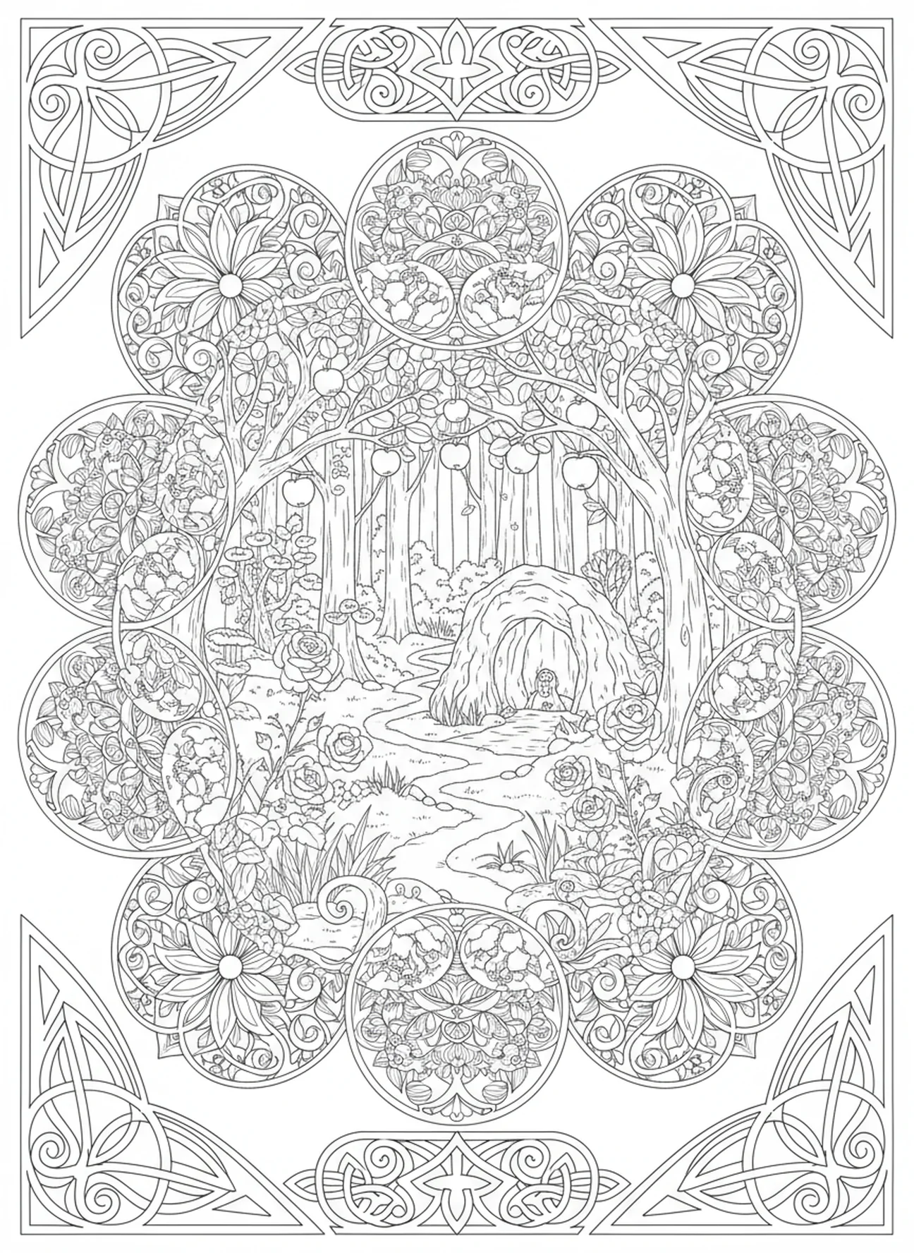 Üppiger Wald, der Versuchung darstellt, Ausmalbild zum Vaterunser 'Führe uns nicht in Versuchung' für Erwachsene im Bibel-Journaling-Stil