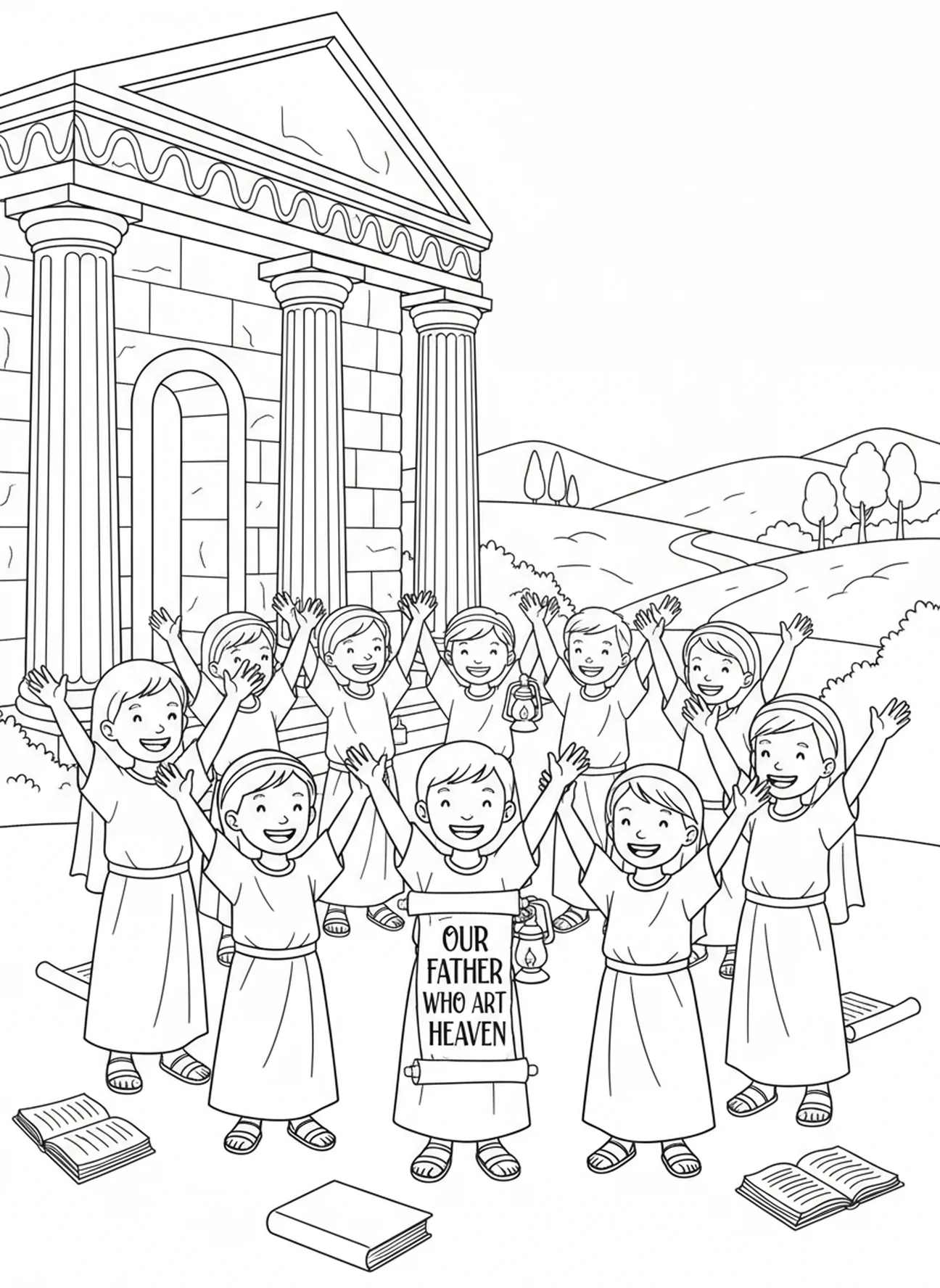 Enfants pratiquant la prière, page à colorier de la Prière du Seigneur 'Ne nous soumets pas à la tentation' pour les enfants de l'École du dimanche âgés de 5 à 12 ans.