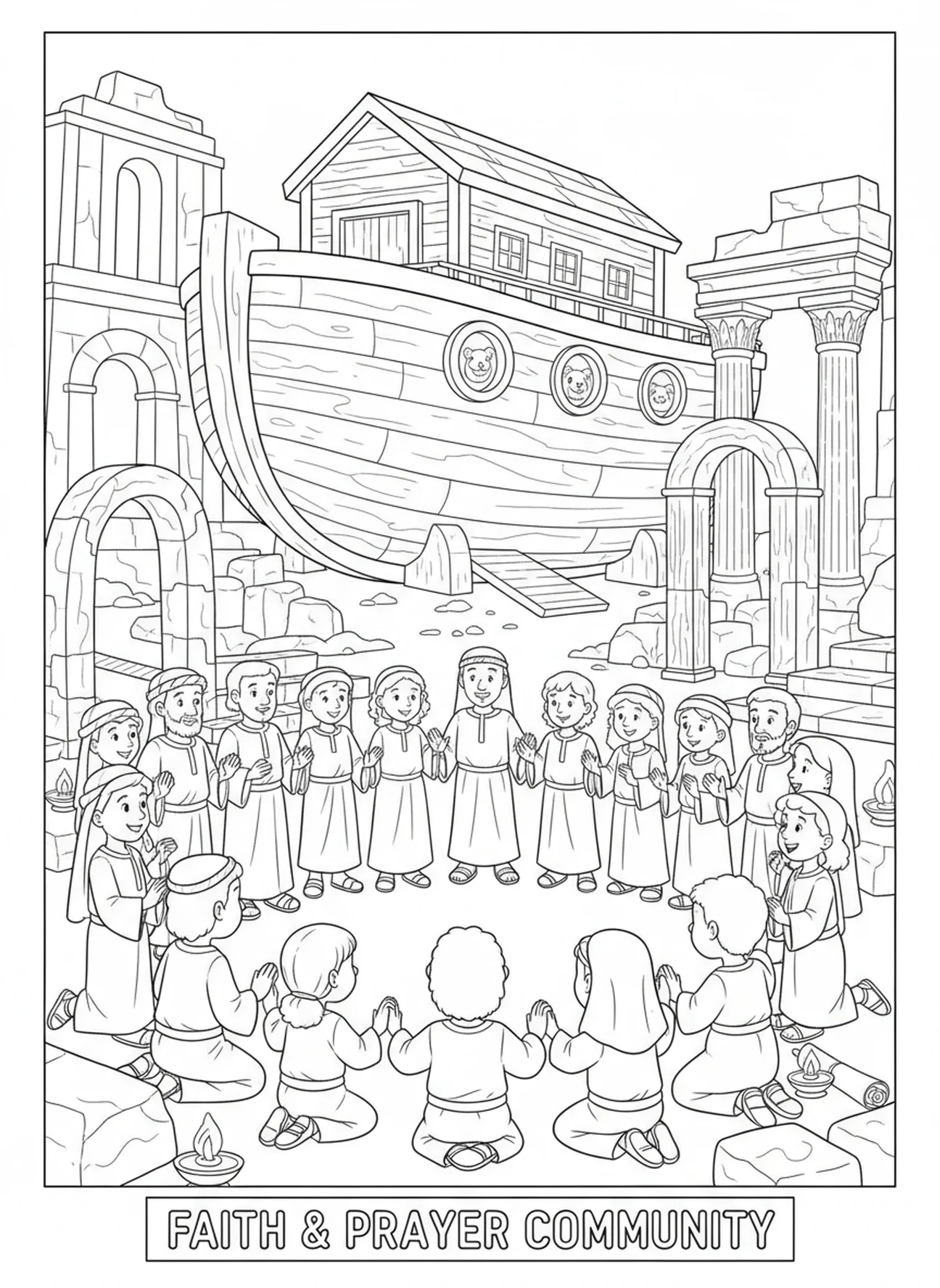 Communauté rassemblée pour la prière, page à colorier de la Prière du Seigneur 'Ne nous soumets pas à la tentation' pour les enfants de l'École du dimanche âgés de 5 à 12 ans.