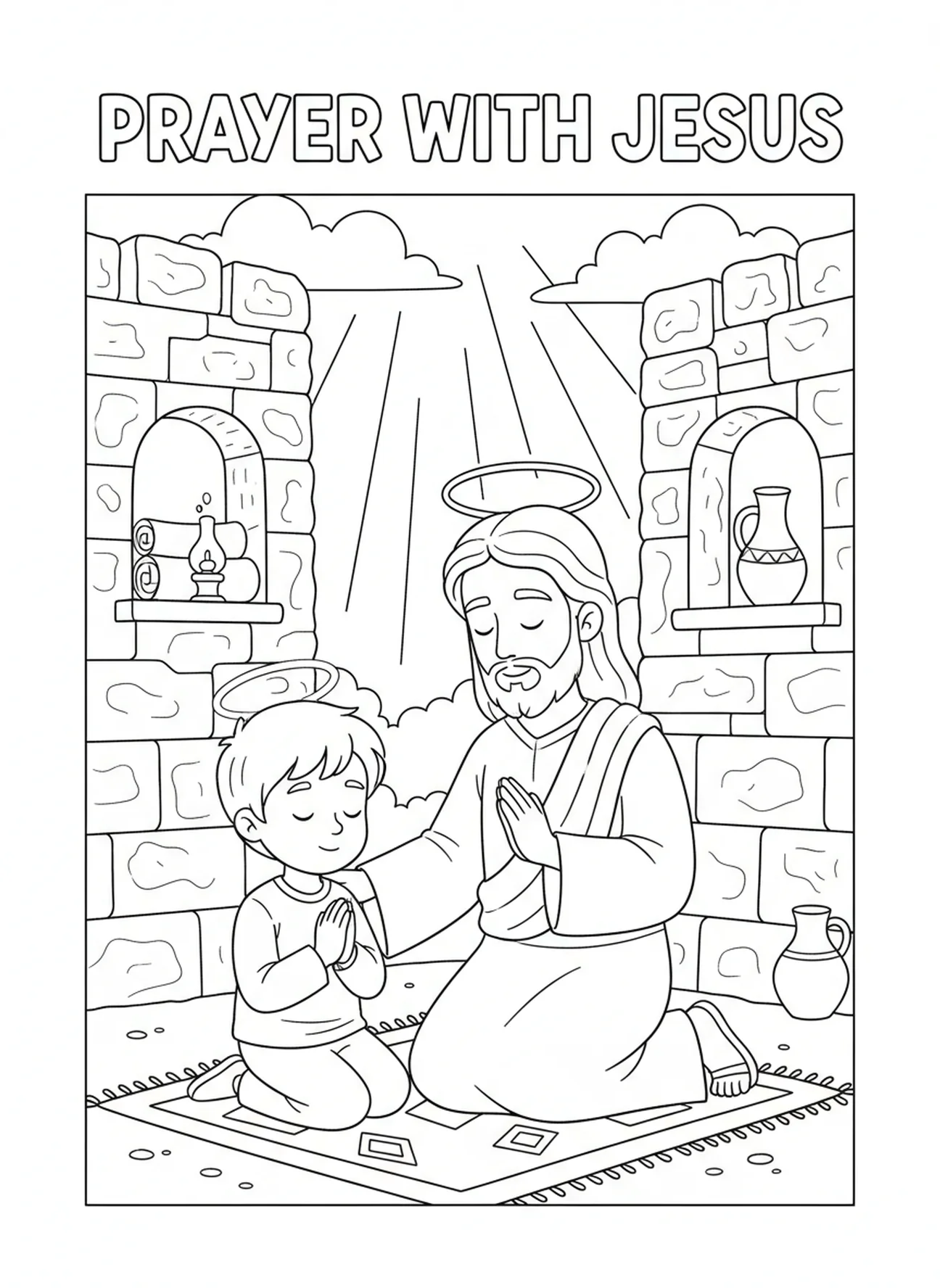 Jésus et un enfant priant, page à colorier sur la prière du Seigneur 'Ne nous soumets pas à la tentation' pour les enfants de catéchisme âgés de 5 à 12 ans.