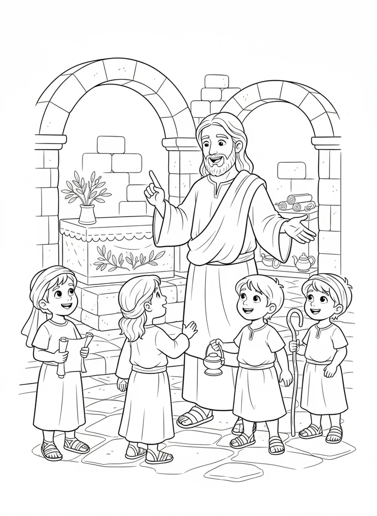 Jésus encourageant la foi, page à colorier sur la Prière du Seigneur 'Ne nous soumets pas à la tentation' pour les enfants de l'École du dimanche âgés de 5 à 12 ans.