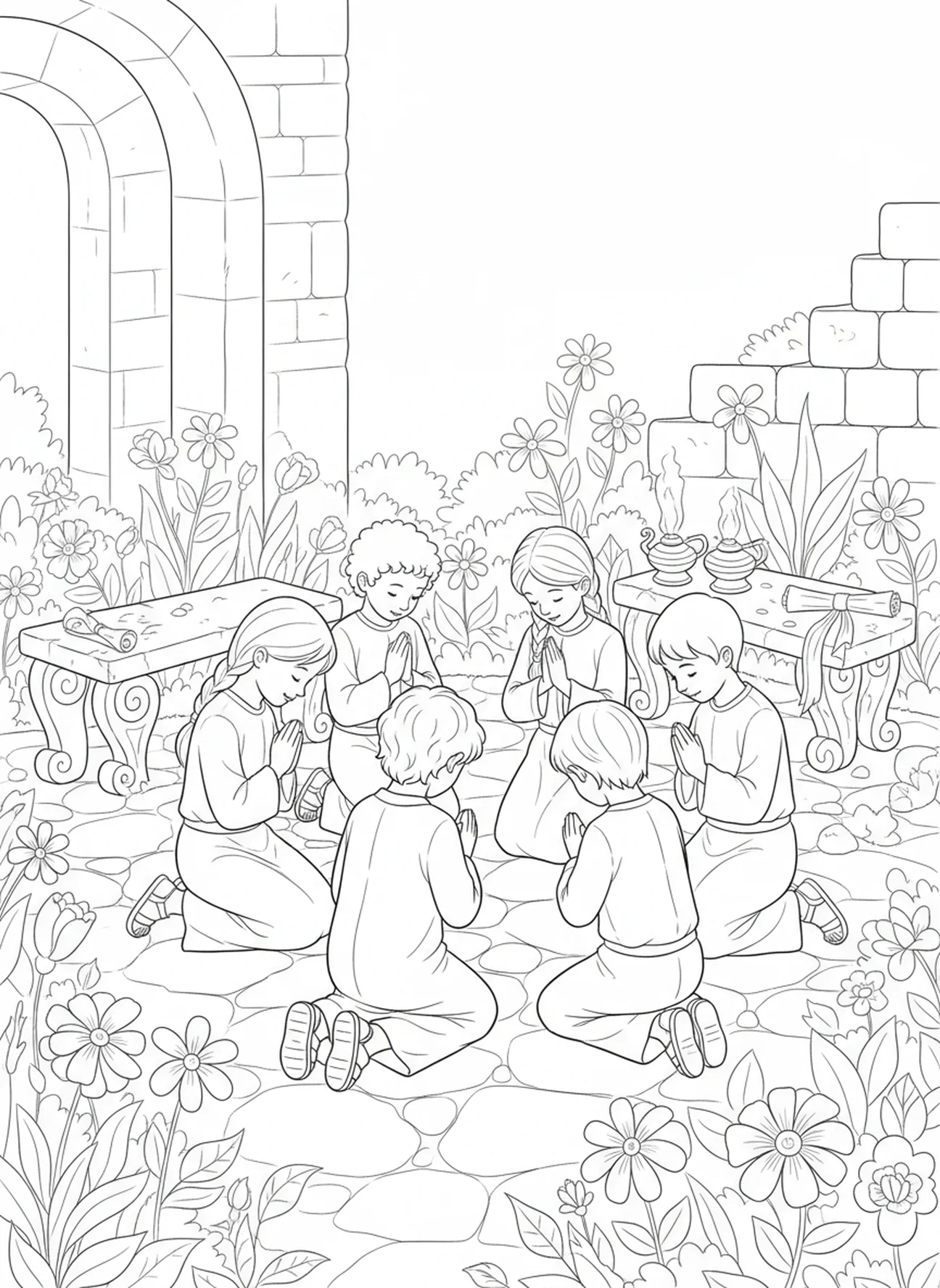 Enfants priant dans un jardin, page à colorier de la Prière du Seigneur 'Ne nous soumets pas à la tentation' pour les enfants de l'École du dimanche âgés de 5 à 12 ans.