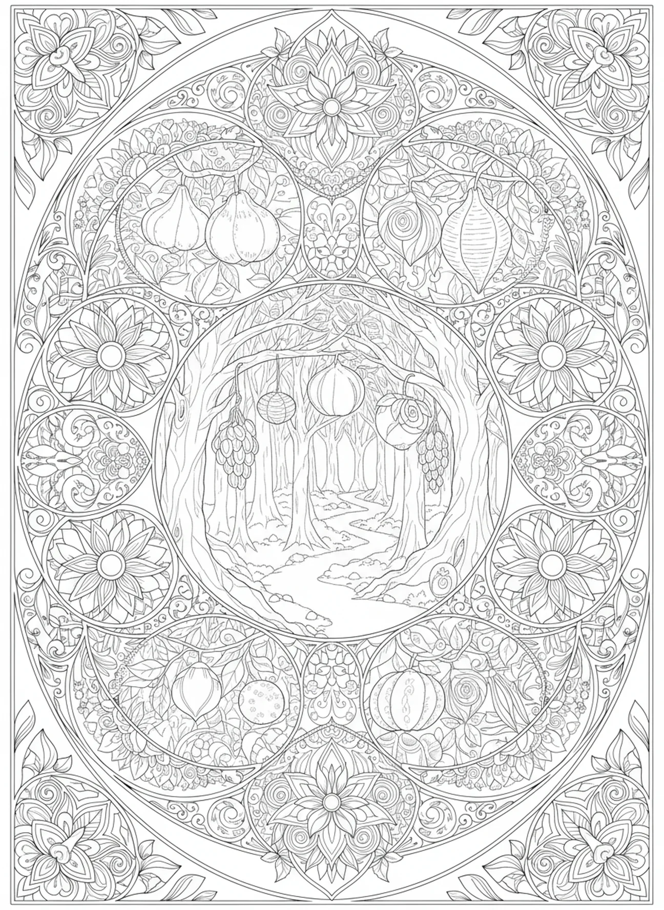 Winding forest path with fruits, Vaterunser Ausmalbild für Erwachsene im Bibel-Journaling-Stil.