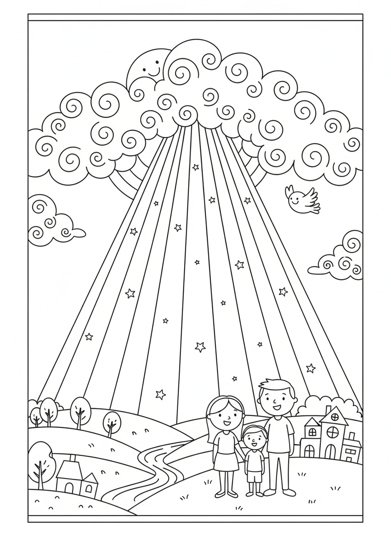 Zachte wolken die zich openen, Onze Vader kleurplaat voor kinderen van 5-10 jaar.