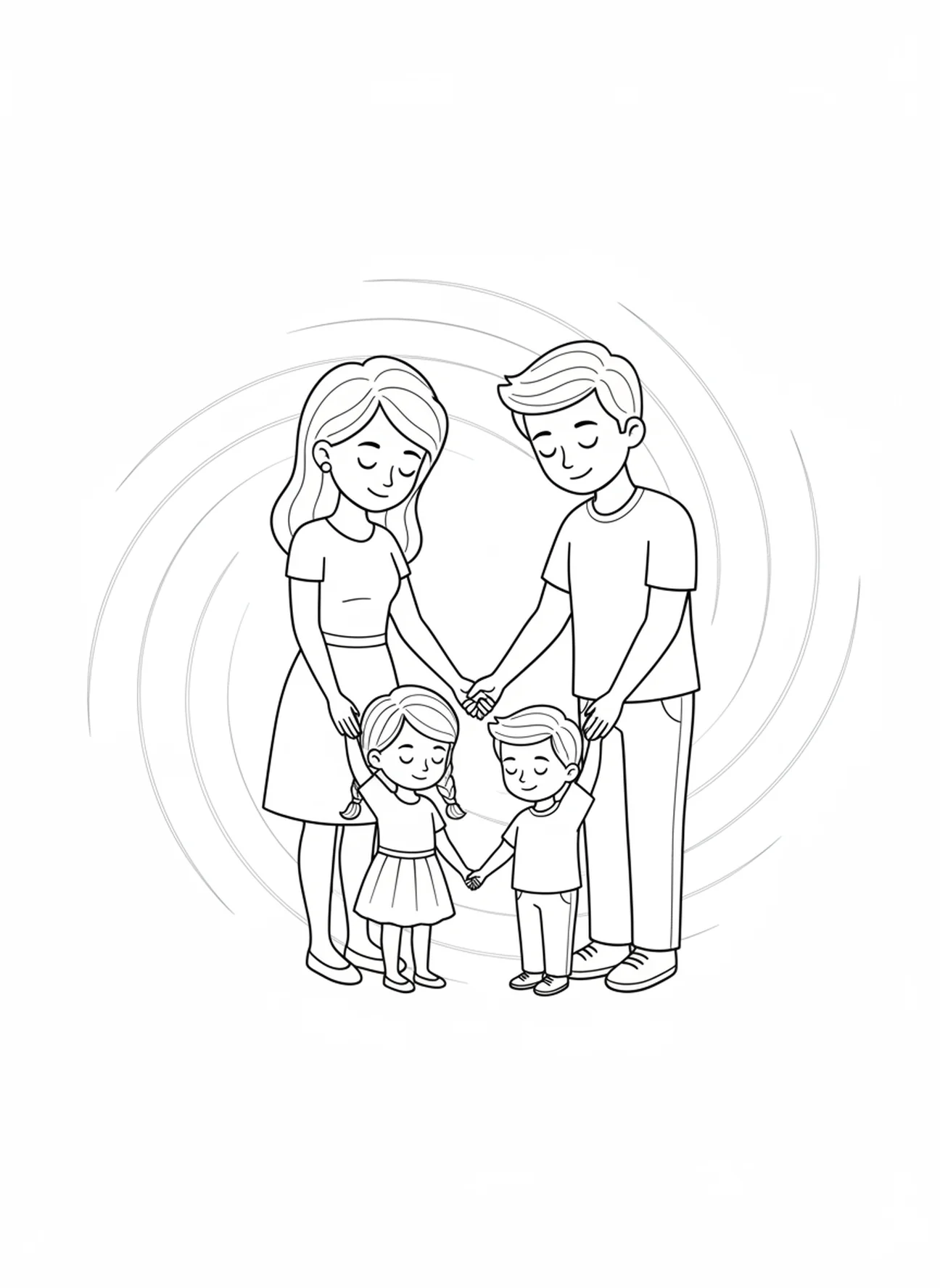 Liefdevolle familie in gebed, Onze Vader kleurplaat voor kinderen van 5-10 jaar.