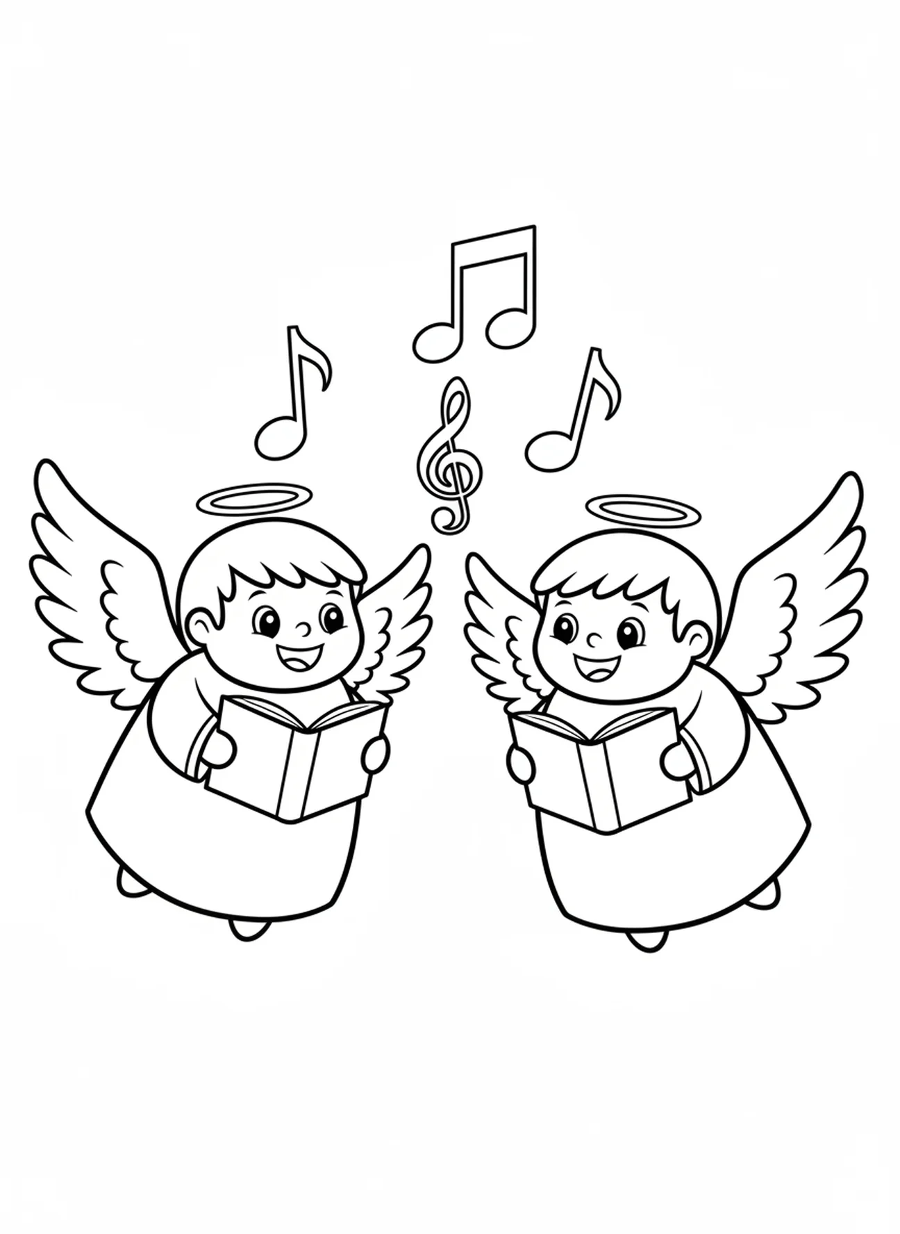 Dos ángeles alegres cantando con notas musicales, página para colorear del Padre Nuestro para niños de 3 a 5 años