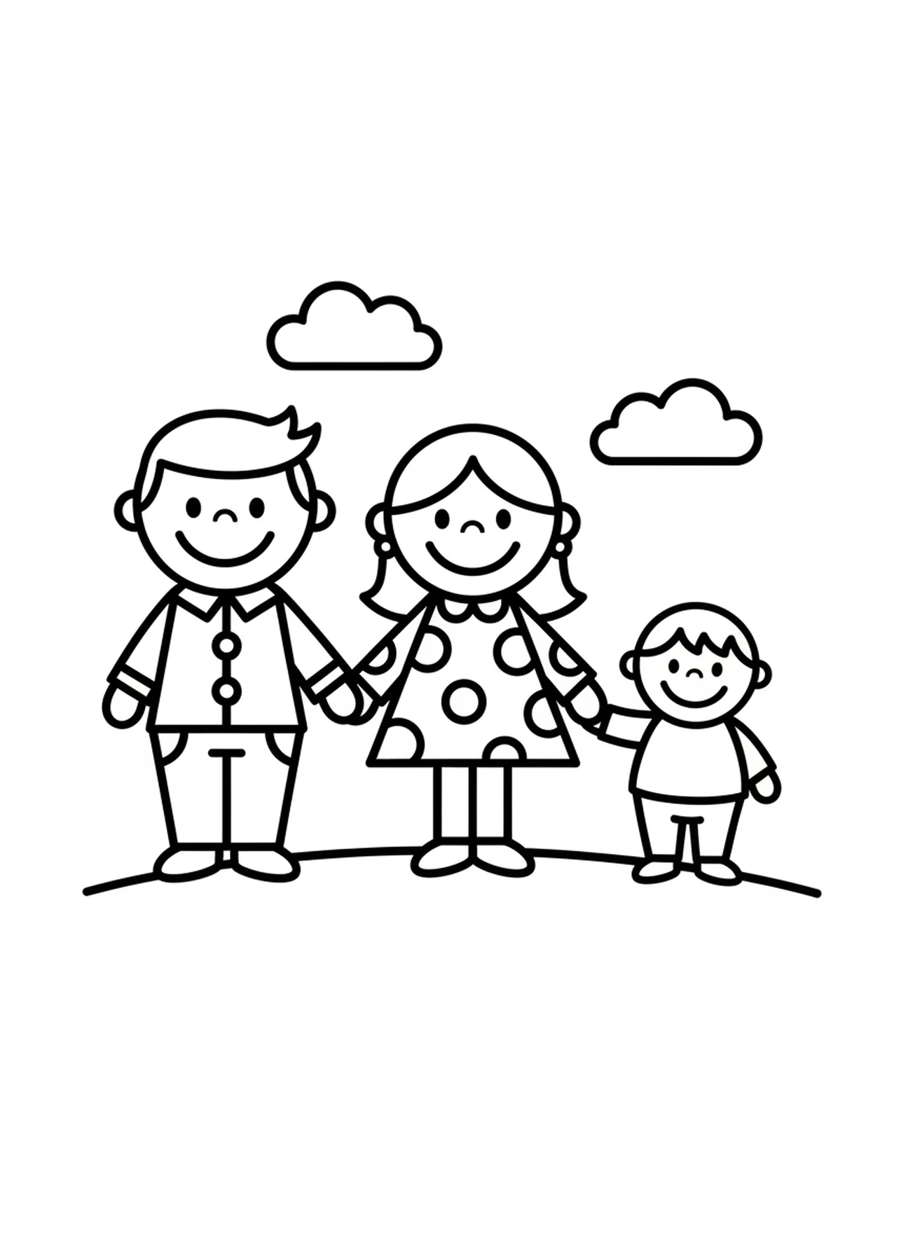 Familia sonriente tomados de la mano en un círculo, página para colorear del Padre Nuestro para niños de 3 a 5 años