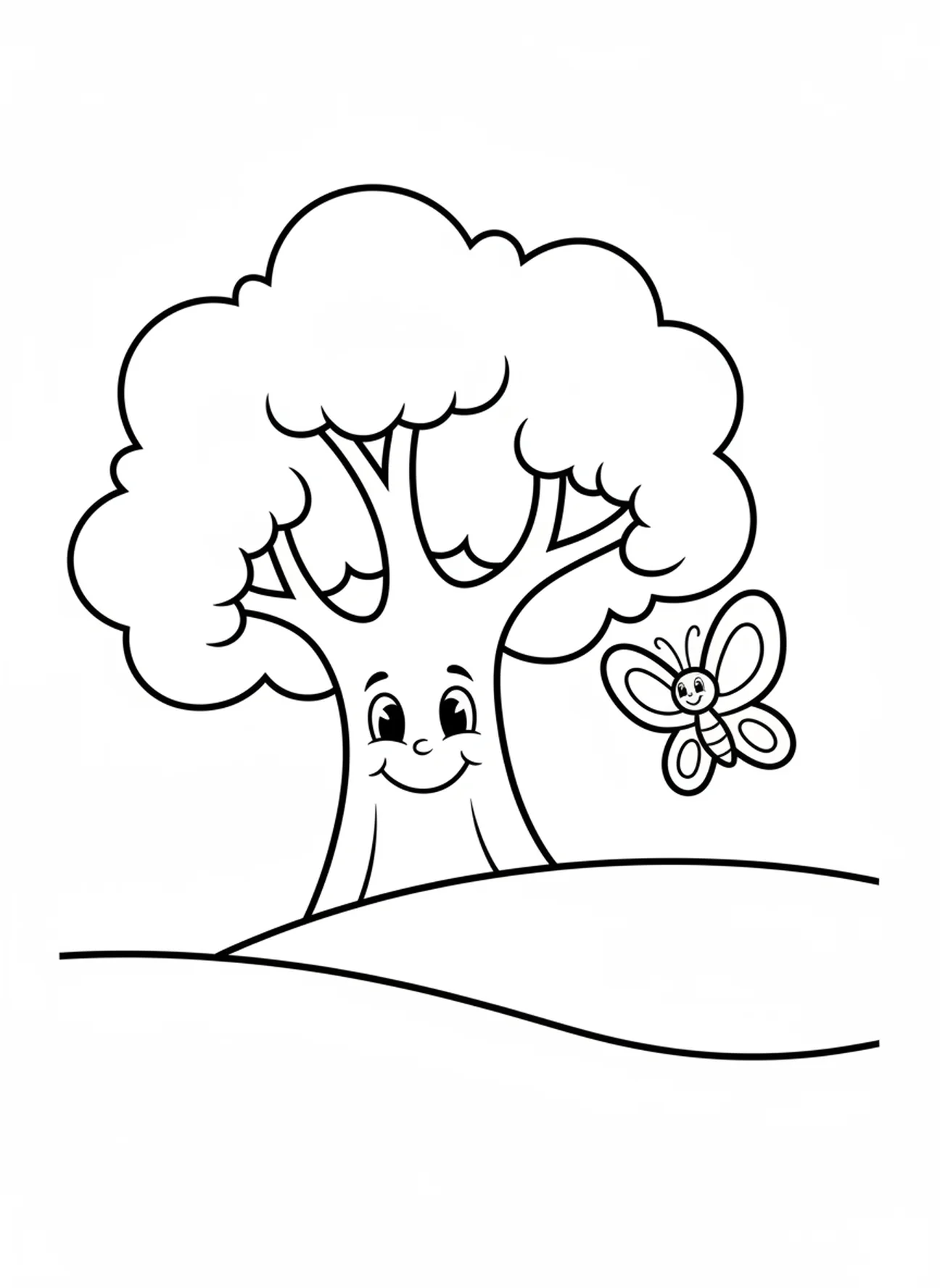 Gran árbol sonriente con mariposa, página para colorear del Padre Nuestro para niños en edad preescolar de 3 a 5 años