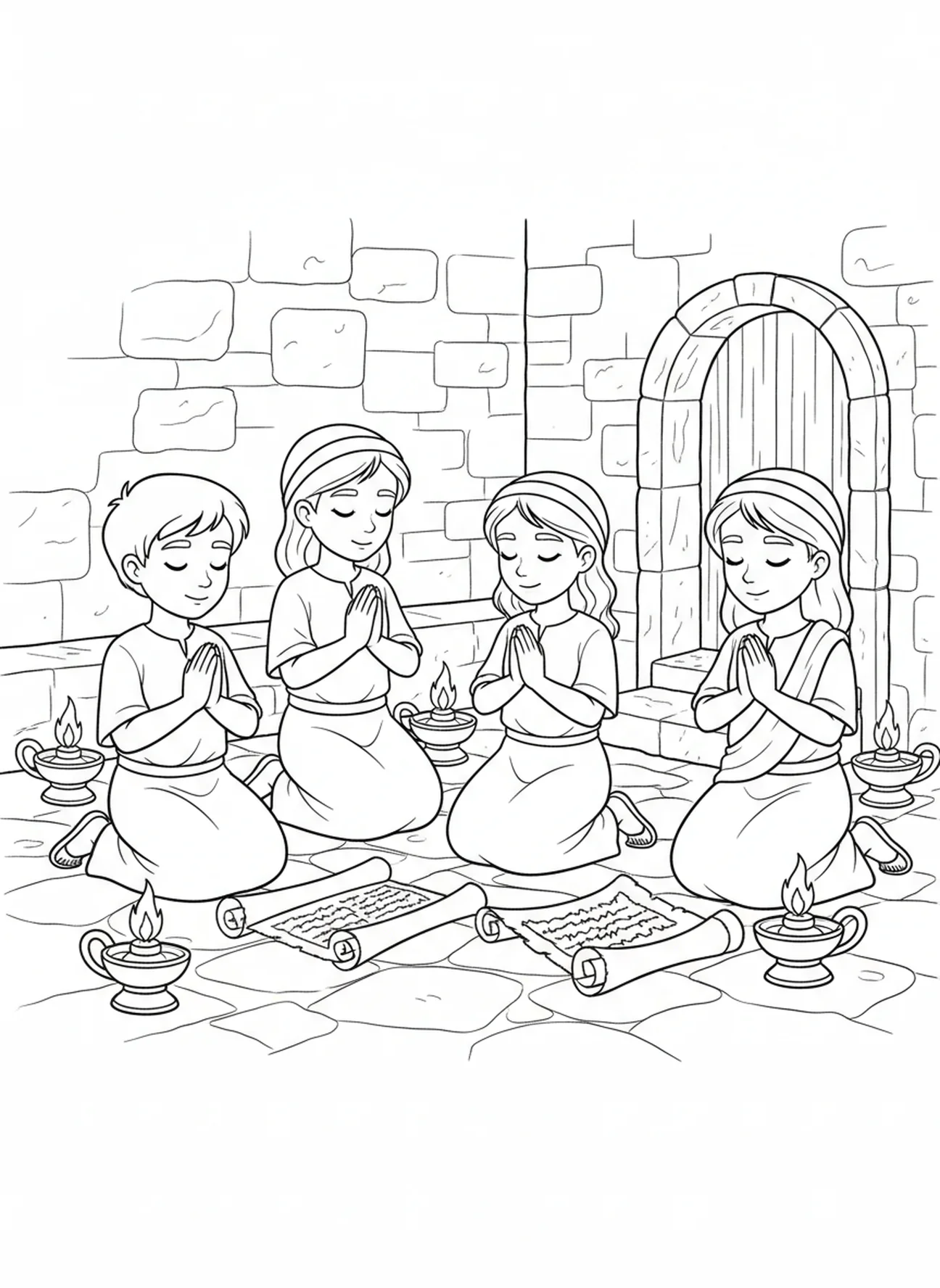 Disciples priant ensemble, coloriage de la prière du Seigneur Notre Père pour les enfants de l'École du dimanche âgés de 5 à 12 ans