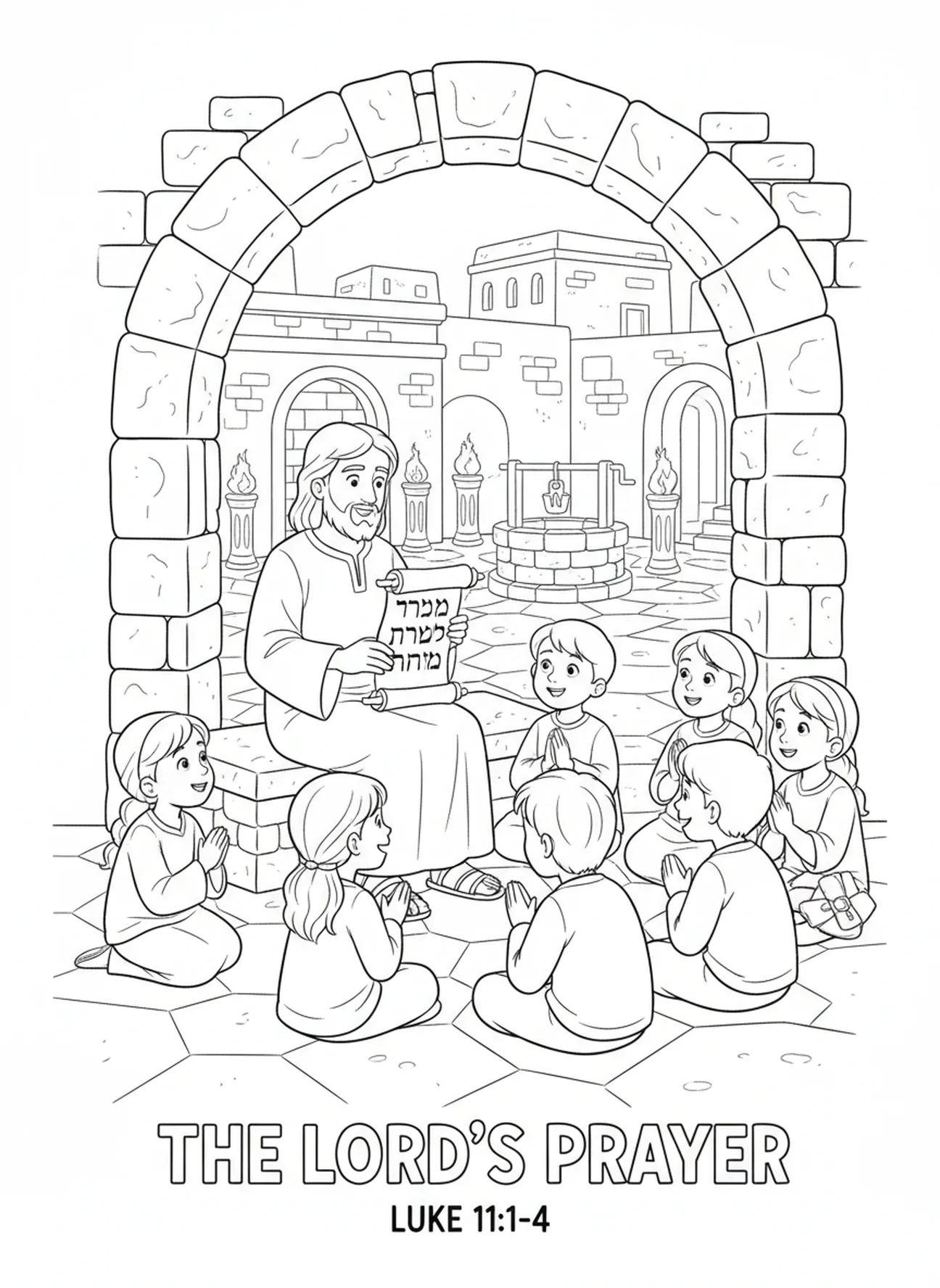 Disciples écoutant Jésus, page à colorier de la prière du Seigneur Notre Père pour les enfants de l'École du dimanche âgés de 5 à 12 ans