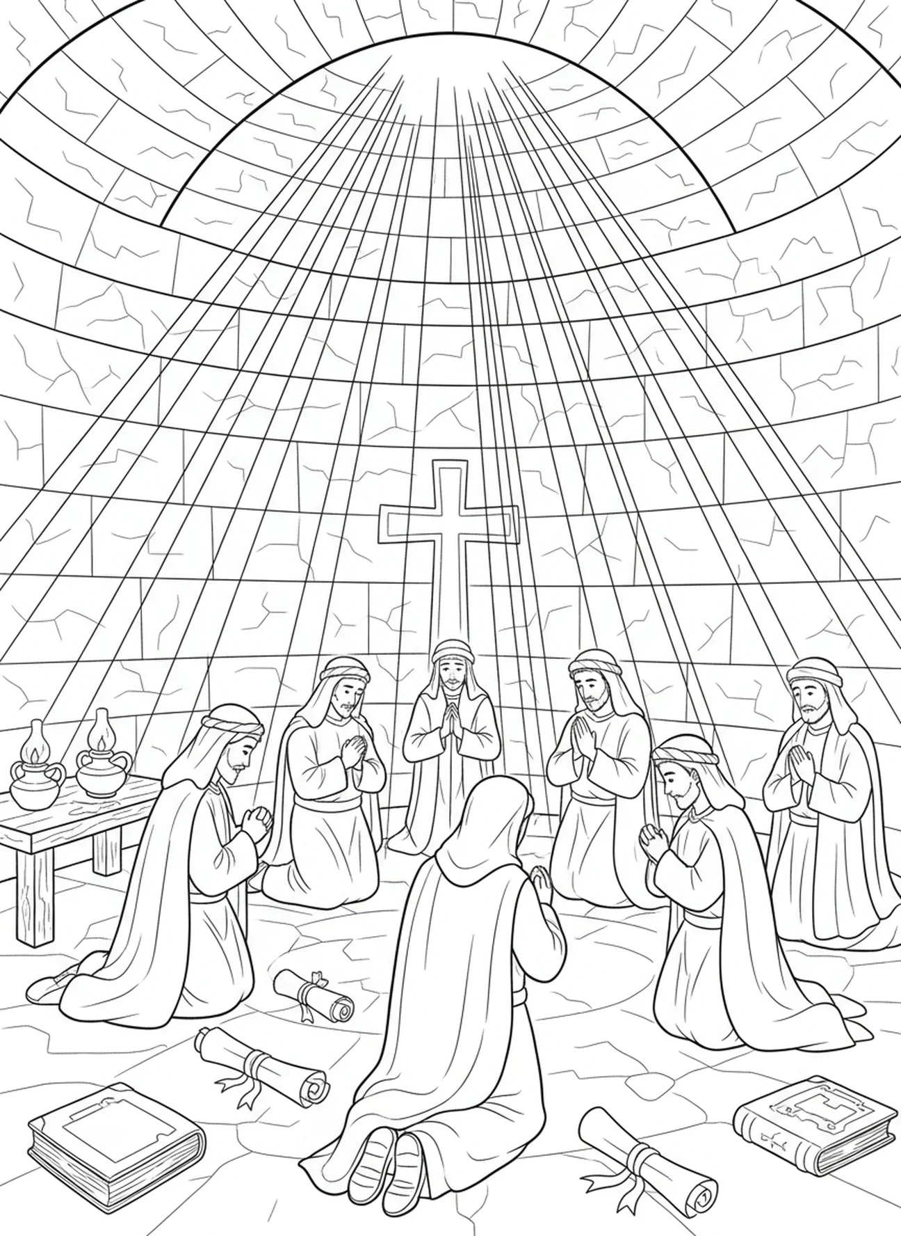 Lumière céleste illuminant les disciples, coloriage de la prière du Seigneur Notre Père pour les enfants de l'École du dimanche âgés de 5 à 12 ans
