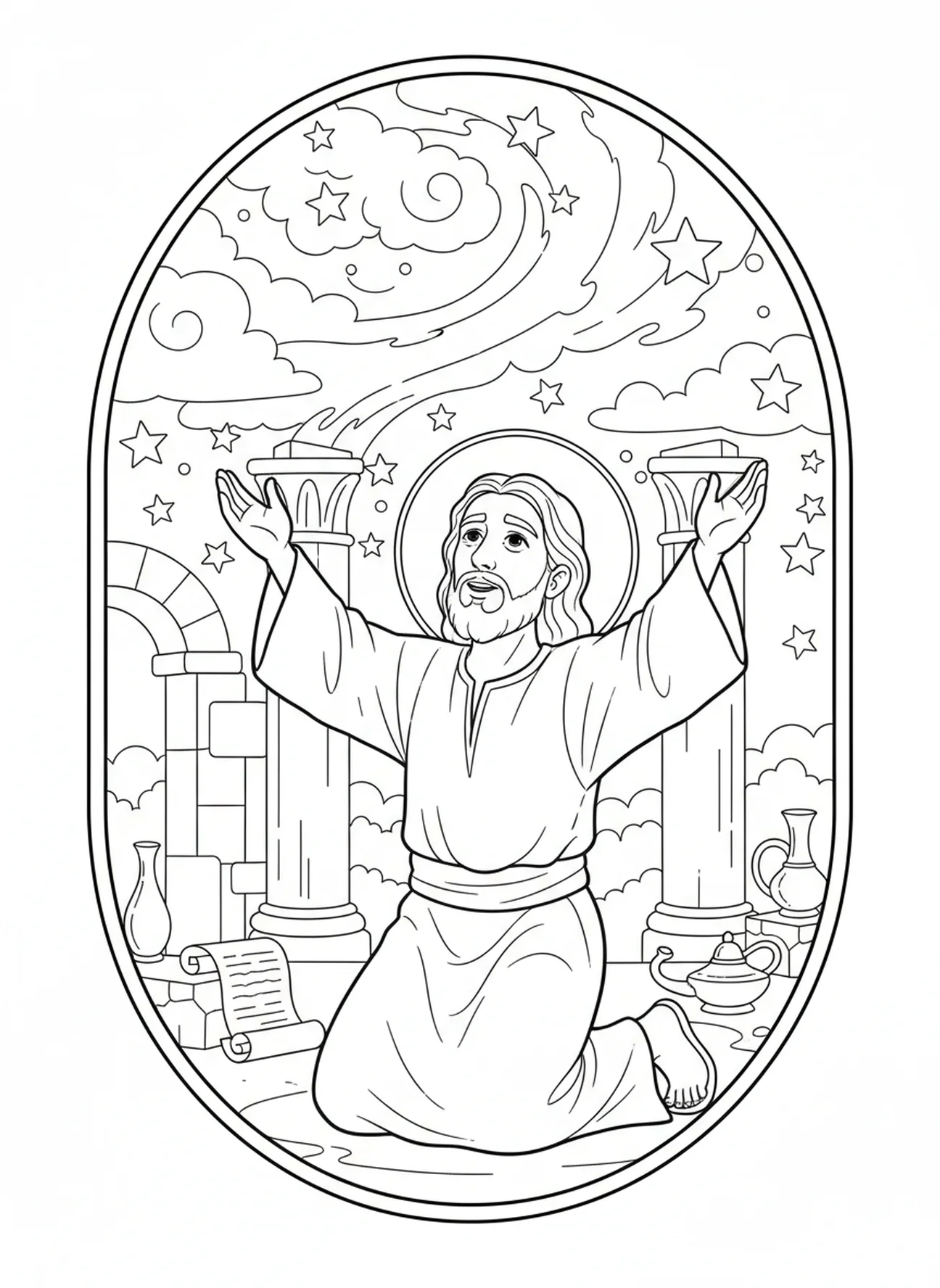 Jésus priant les bras levés, coloriage de la prière du Seigneur Notre Père pour les enfants de l'École du dimanche âgés de 5 à 12 ans