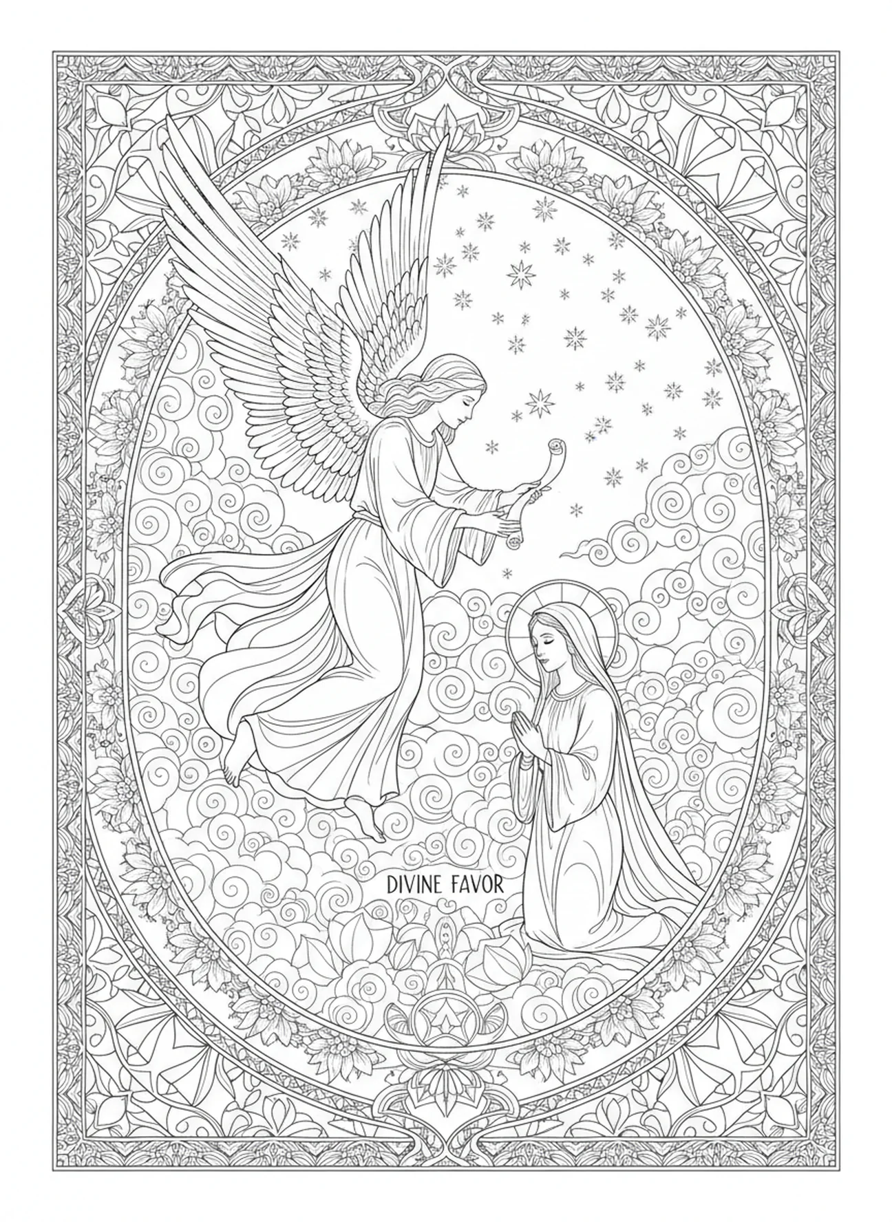 Engel erscheint Maria, Magnificat Gebet Ausmalbild für Erwachsene im Stil des Bibeljournaling.