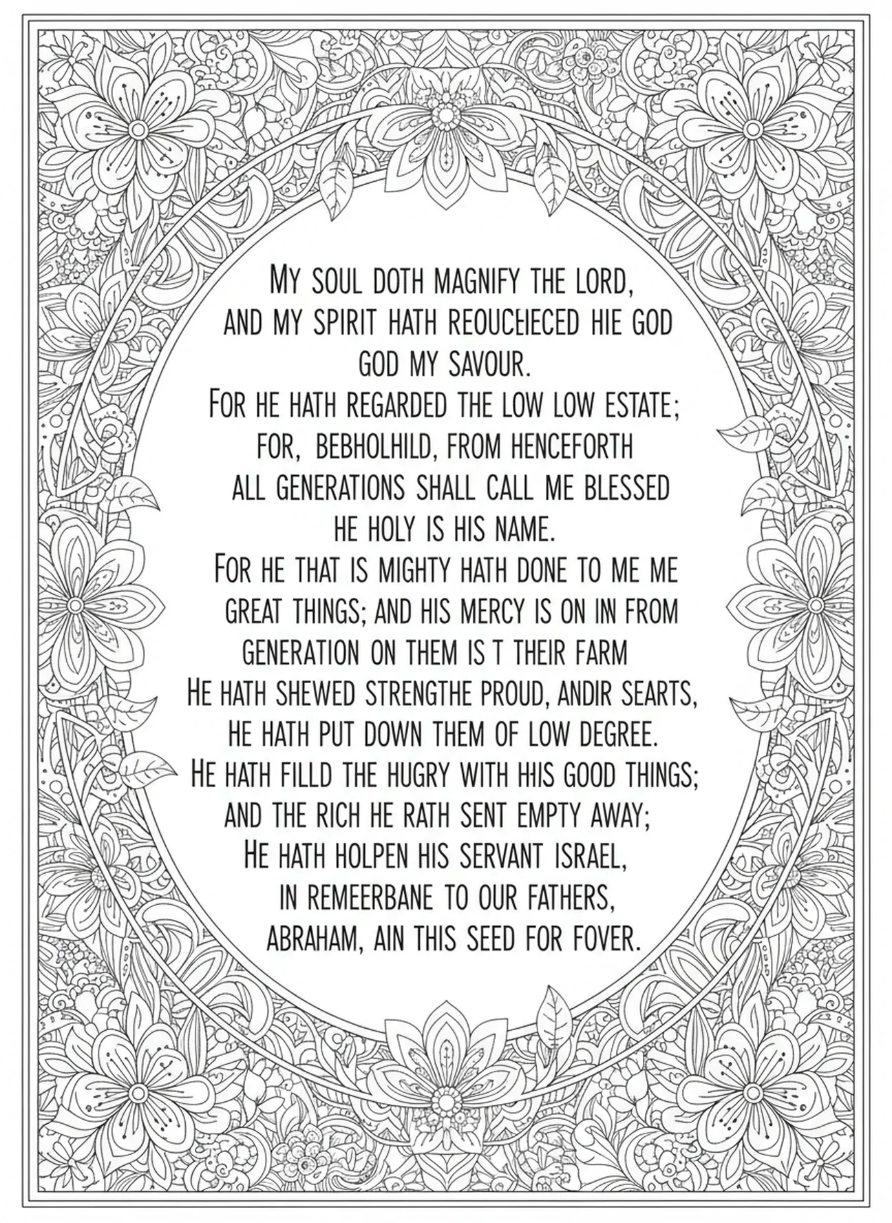 Worte des Magnificat, Ausmalbild des Magnificat-Gebets für Erwachsene im Stil des Bibel-Journalings.