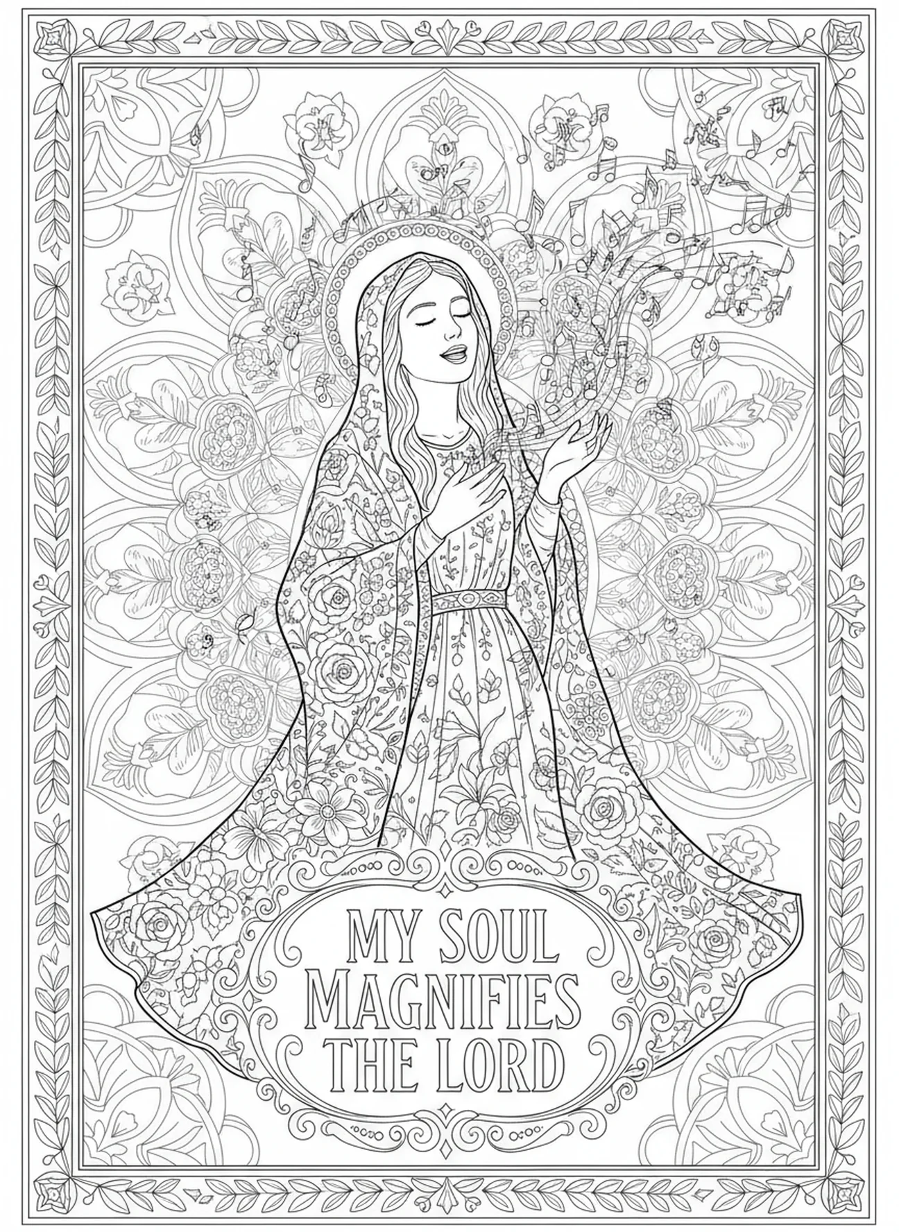 Maria singt voller Freude, Ausmalbild des Magnificat für Erwachsene im Stil des Bibeljournaling.
