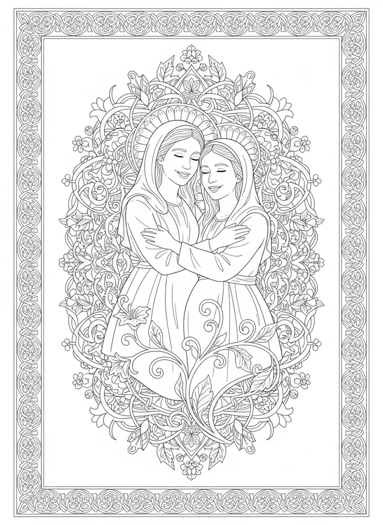 Maria besucht Elisabeth, Magnificat Gebet Ausmalbild für Erwachsene im Bibel-Journaling-Stil.
