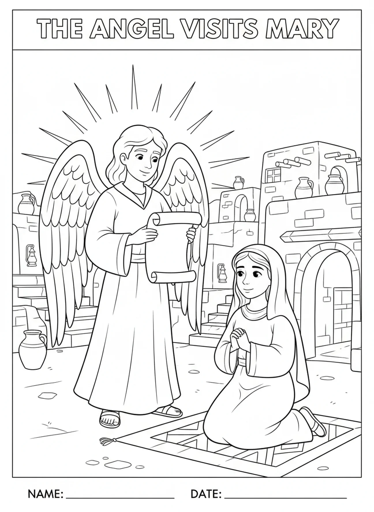 Ángel visitando a María, página para colorear de la oración Magnificat para niños de la Escuela Dominical de 5 a 12 años