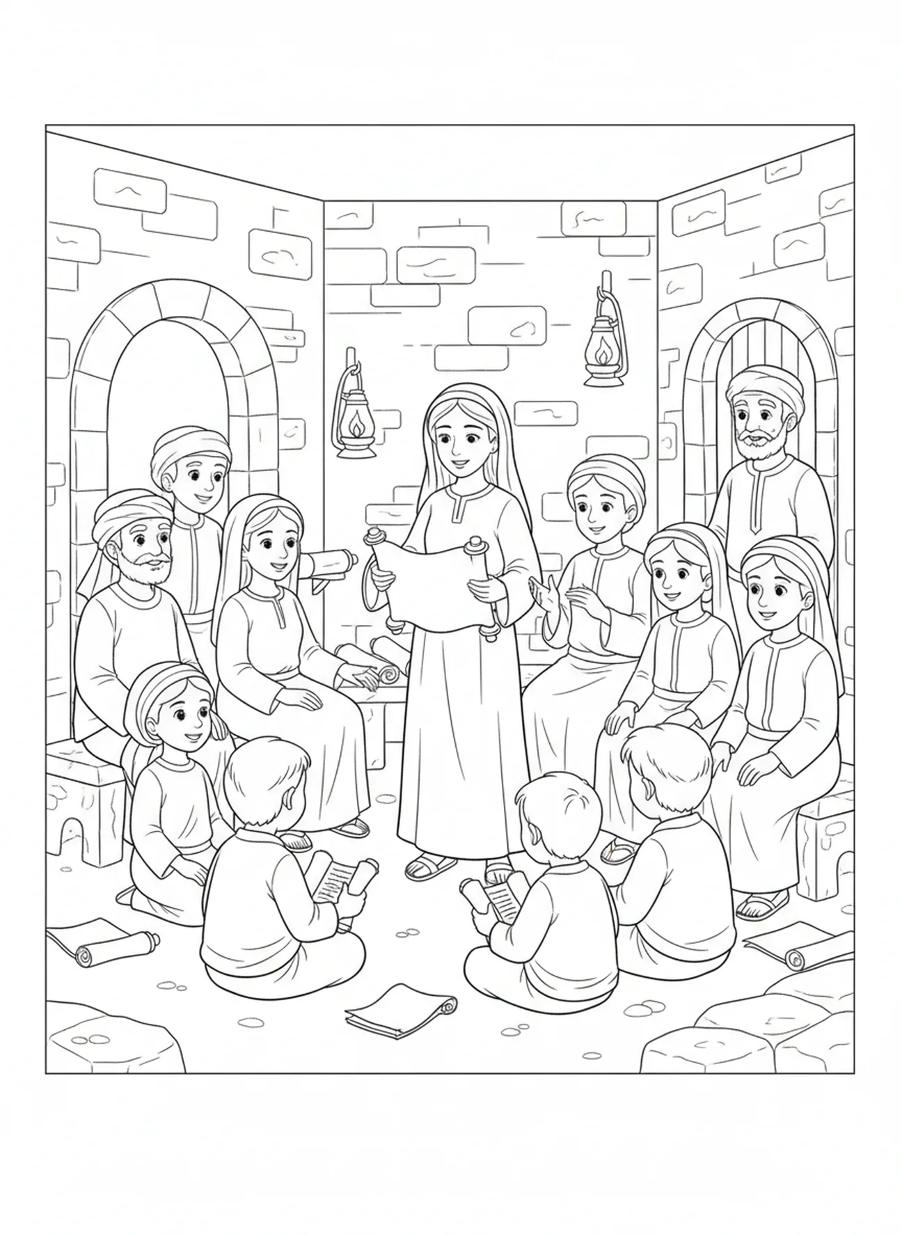 Comunidad escuchando con alegría, página para colorear de la Oración del Magnificat para niños de Escuela Dominical de 5 a 12 años