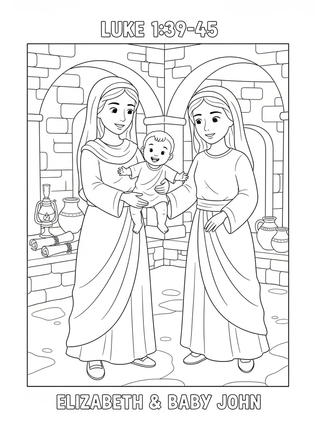 Página para colorear de la oración del Magnificat, con el bebé de Isabel saltando, para niños de Escuela Dominical de 5 a 12 años