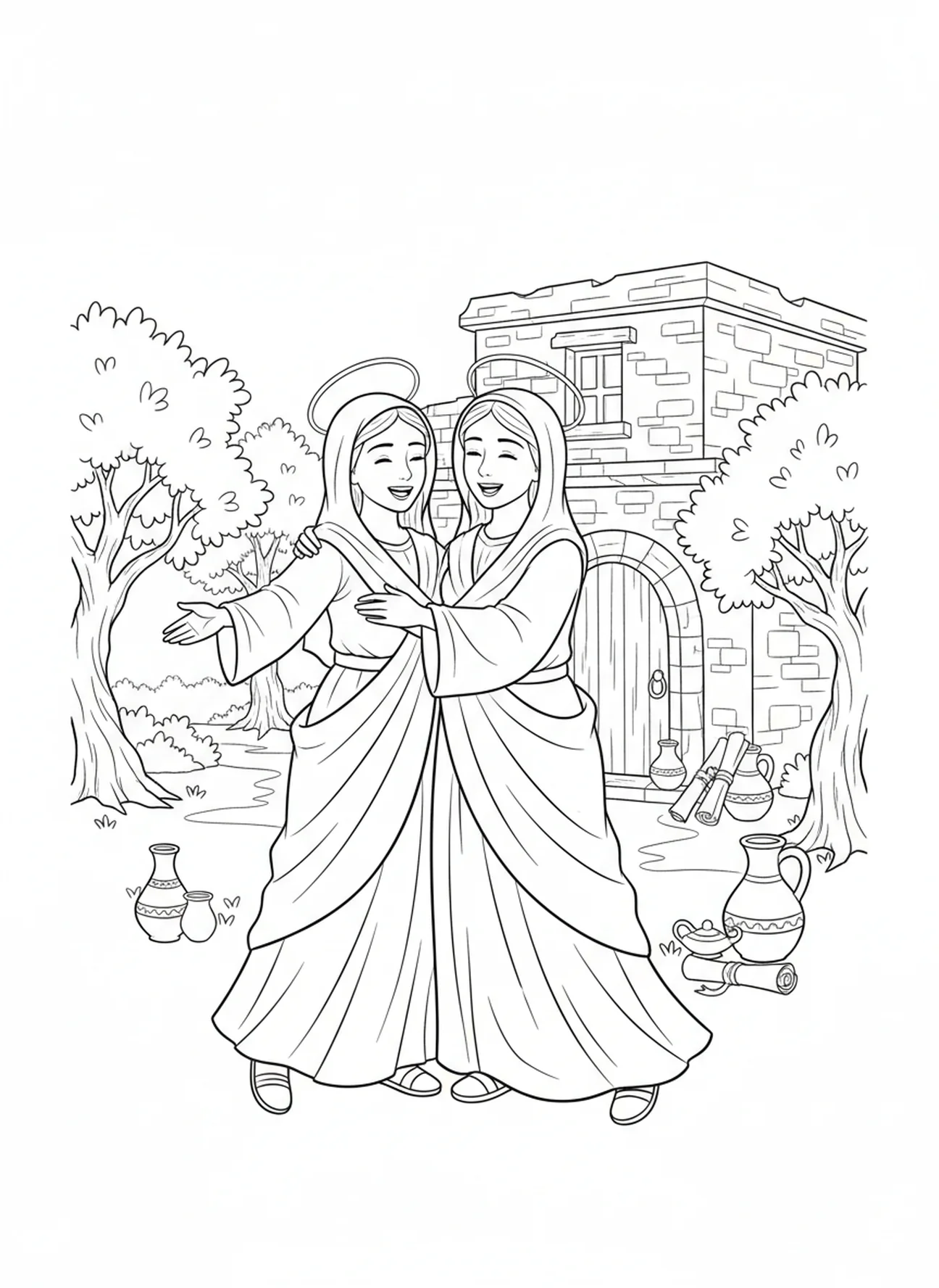 María visitando a Isabel, página para colorear de la oración del Magnificat para niños de la Escuela Dominical de 5 a 12 años