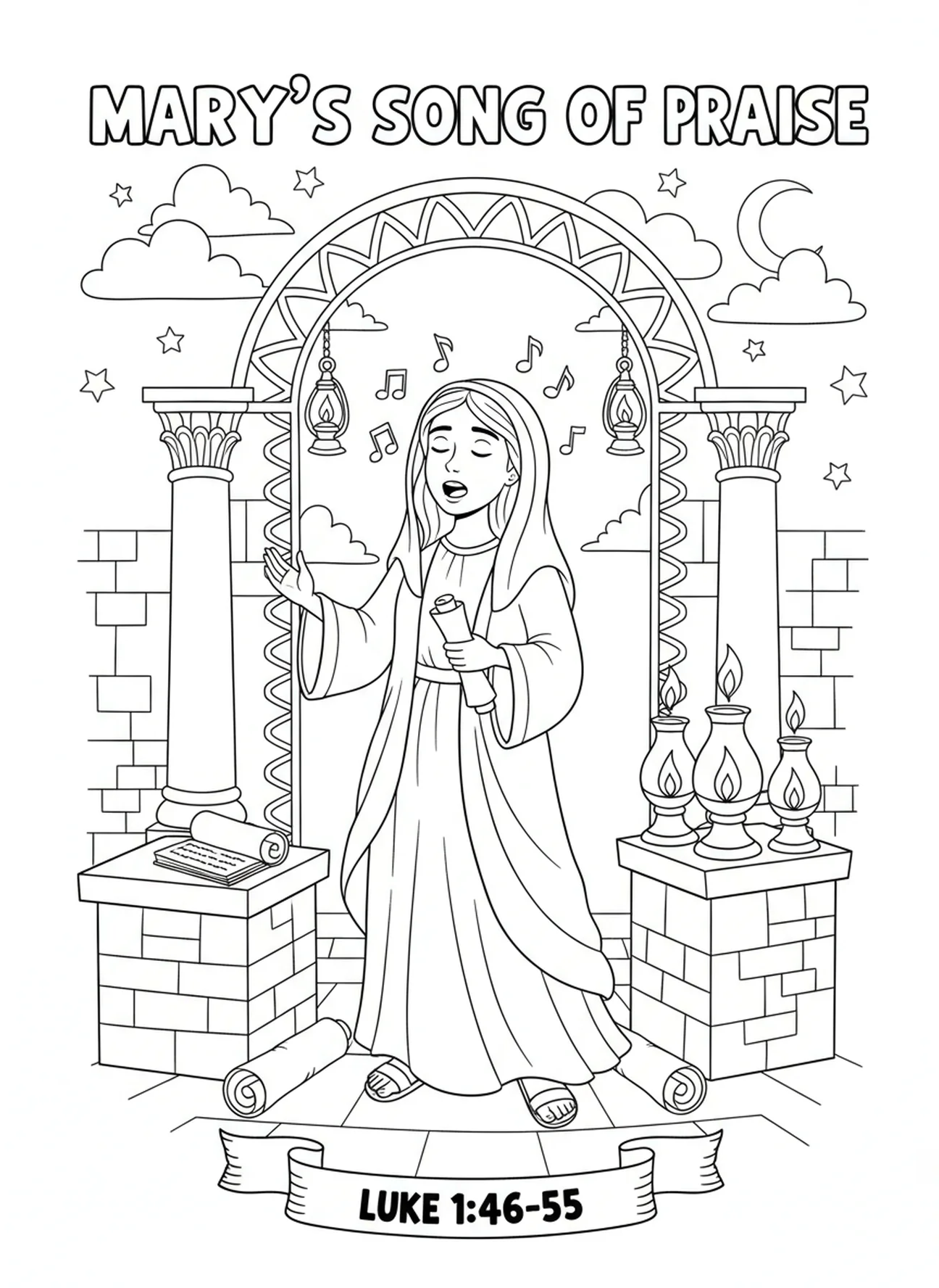 Página para colorear de la oración de alabanza de María, Magnificat, para niños de 5 a 12 años en la Escuela Dominical