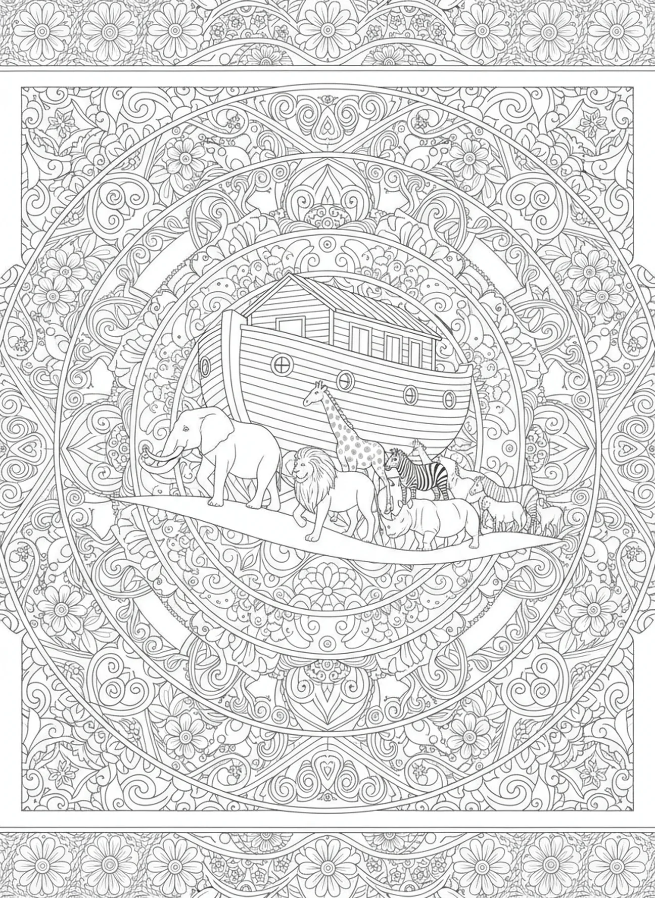 Tierpaare nähern sich der Arche, Meditations-Bibel-Ausmalbild für Erwachsene im Stil des Bibel-Journalings.