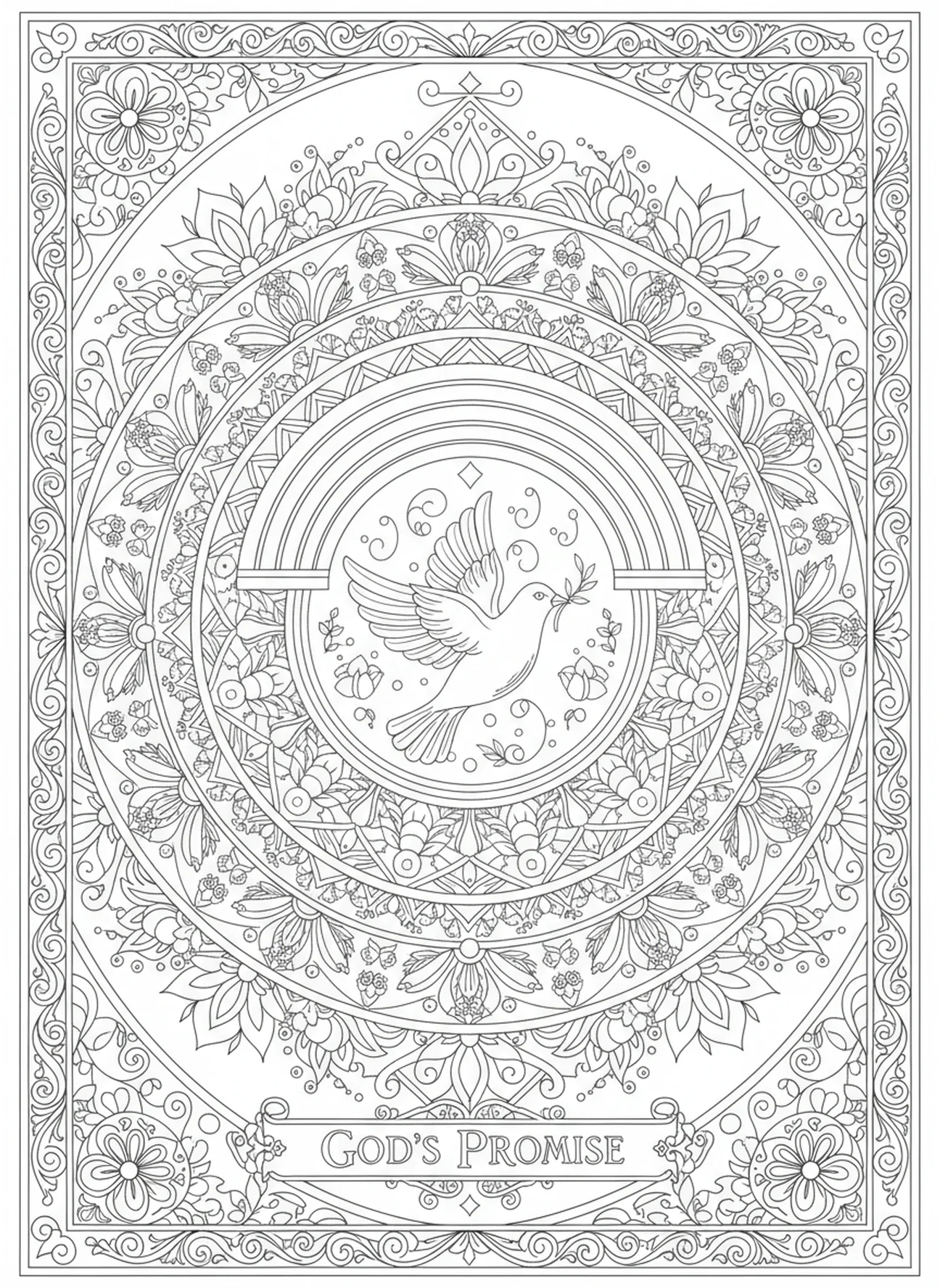 Regenbogen und Taube als Zeichen des Bundes Gottes, Meditations-Bibelmalvorlage im Stil des Bibeljournaling für Erwachsene.