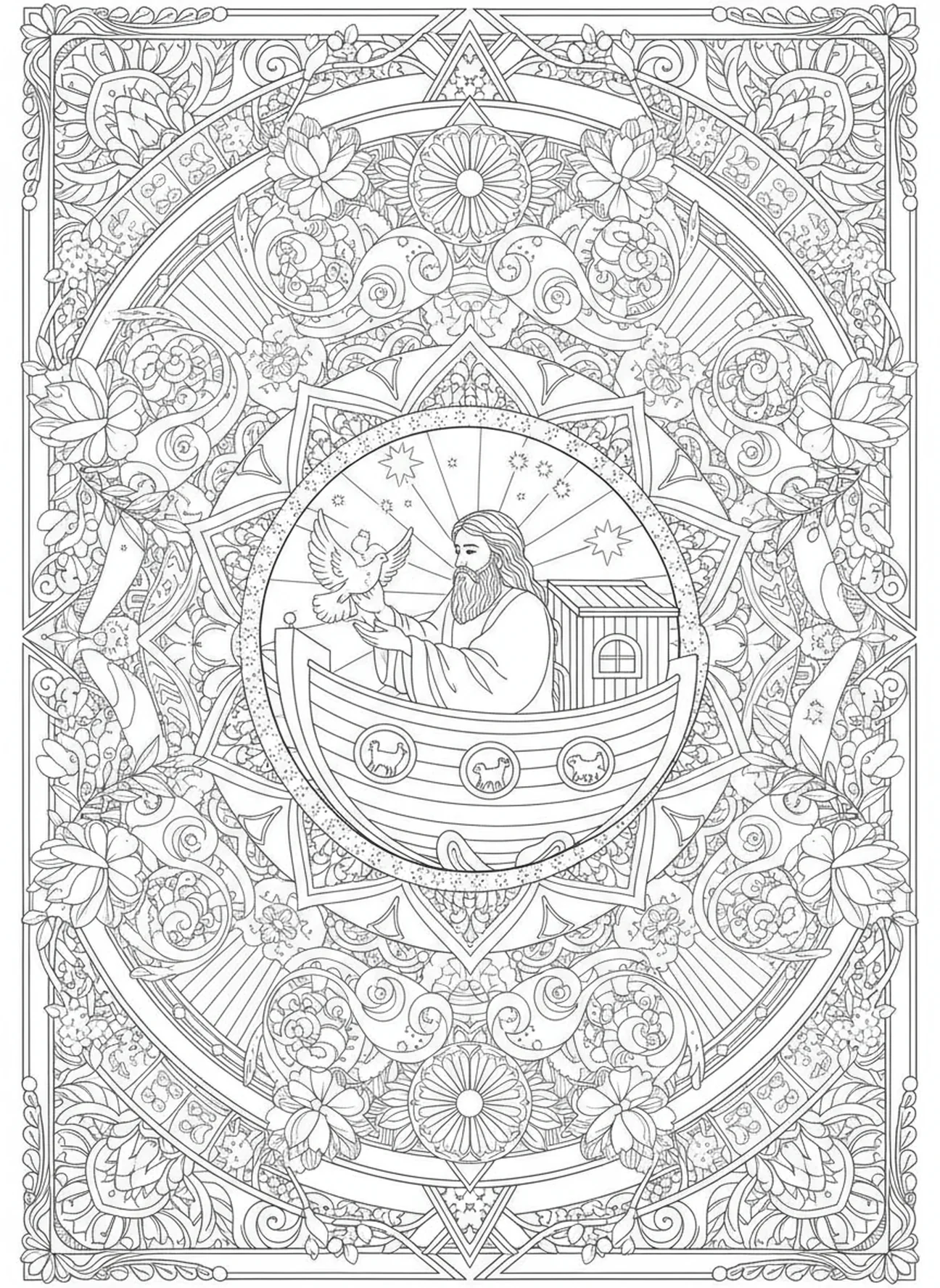 Noah, der eine Taube freilässt, Meditations-Bibelmalvorlage für Erwachsene im Stil des Bibeljournaling.