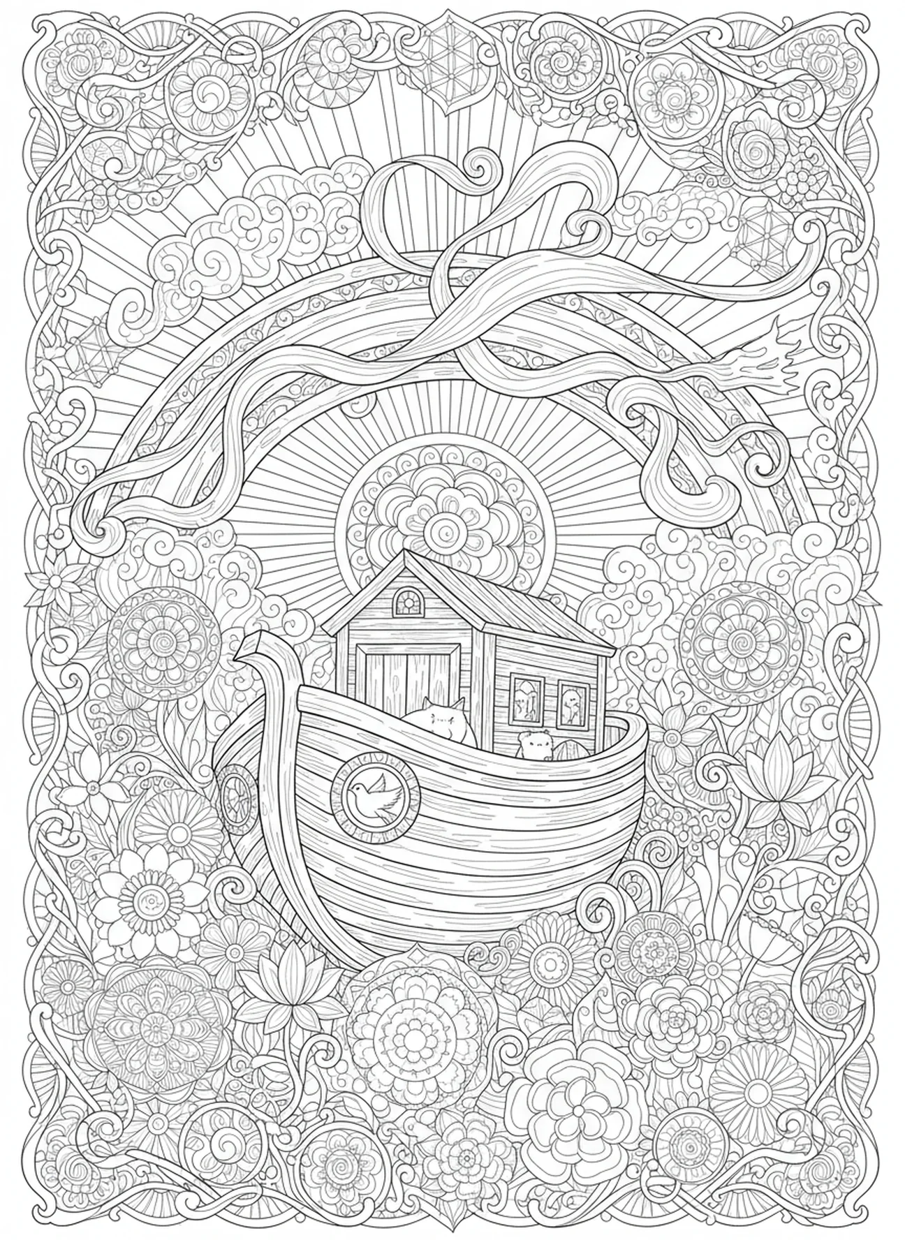 Regenbogen über der Arche, Meditations-Bibelmalbuchseite im Stil des Bibeljournaling für Erwachsene.