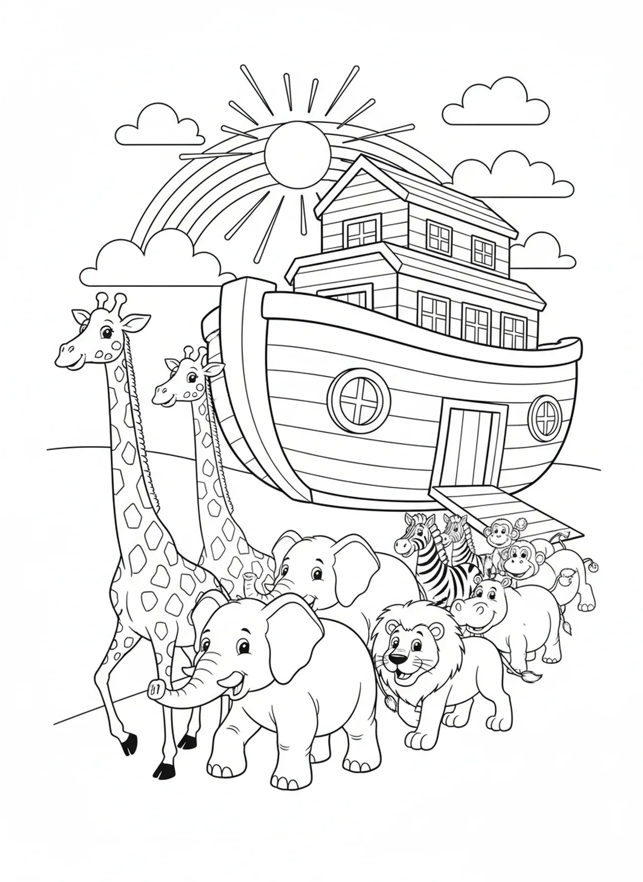 Jirafa, elefante y león caminando hacia el arca, página para colorear de la Oración de la Mañana para niños de 5 a 10 años