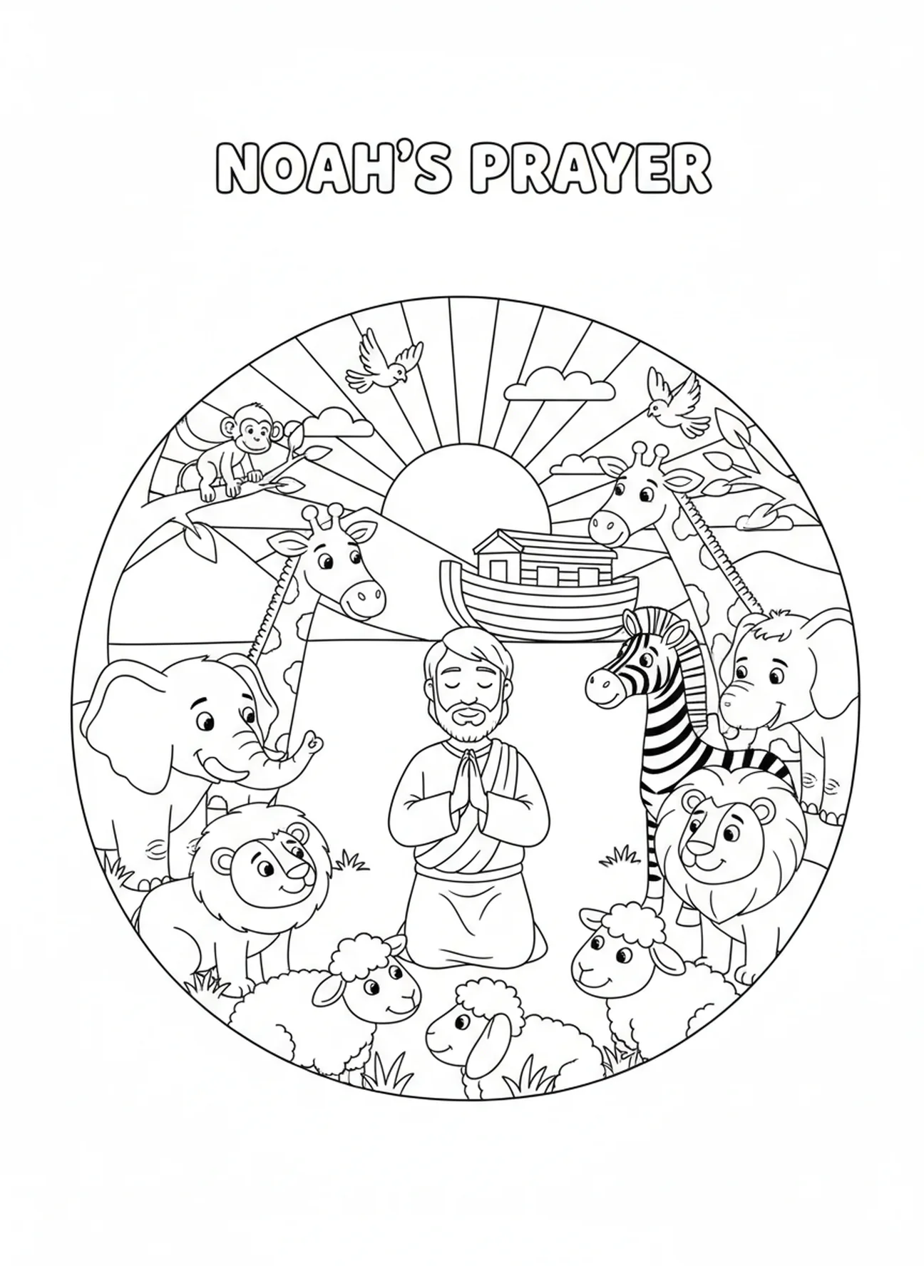 Noé orando con animales alrededor, página para colorear de la Oración de la Mañana para niños de 5 a 10 años
