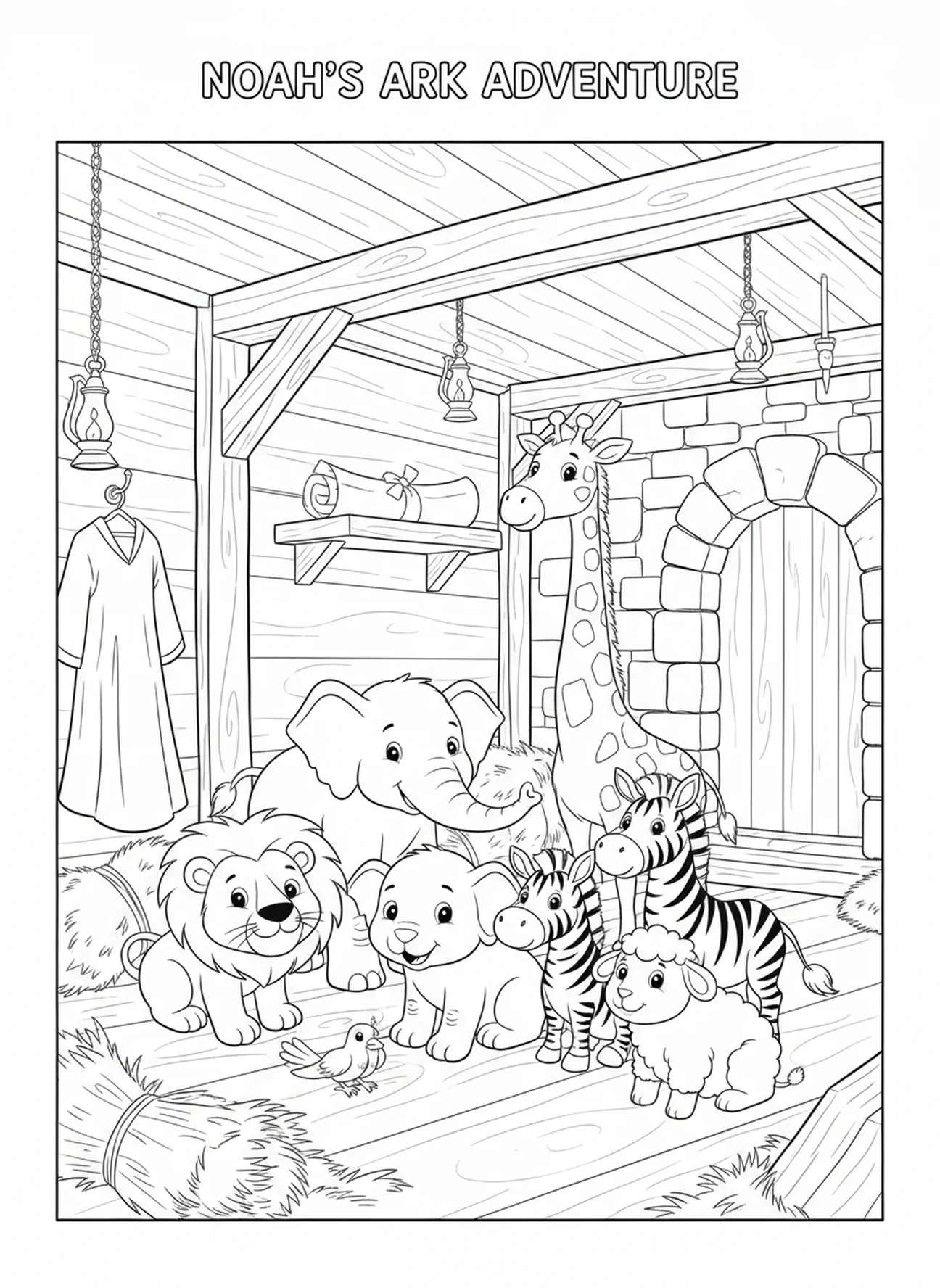 Animaux rassemblés à l'intérieur de l'arche, page à colorier du Credo de Nicée pour les enfants de l'École du dimanche âgés de 5 à 12 ans.