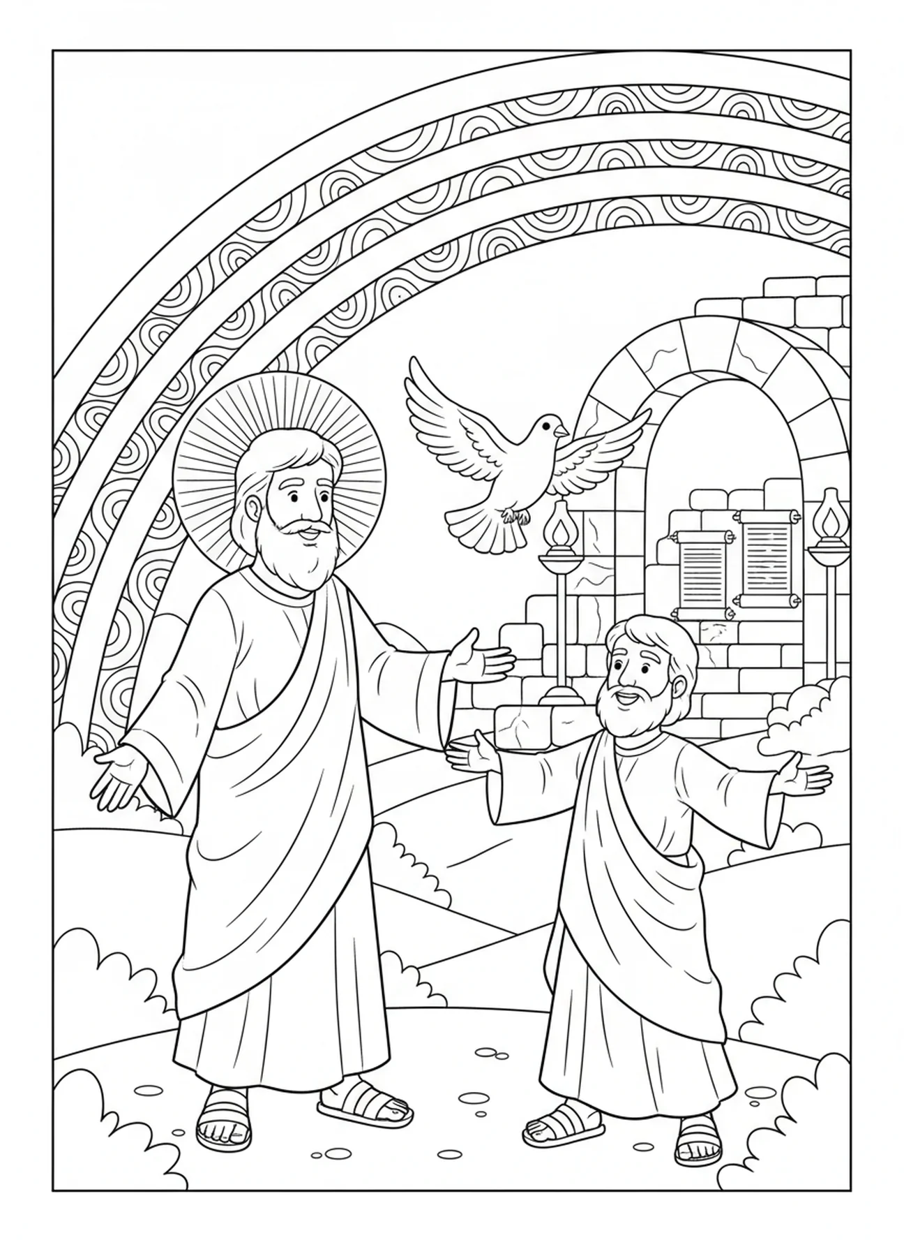 Colombe volant sous un arc-en-ciel, page à colorier du Credo de Nicée pour les enfants de l'École du dimanche âgés de 5 à 12 ans.