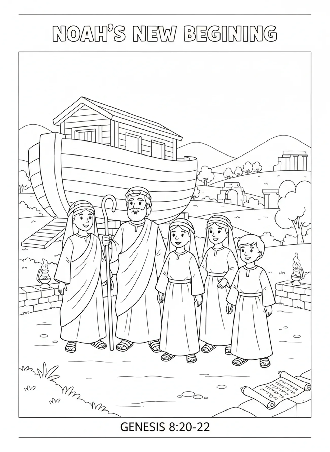 Noé et sa famille sur la terre ferme, page à colorier du Credo de Nicée pour les enfants de l'École du dimanche âgés de 5 à 12 ans.