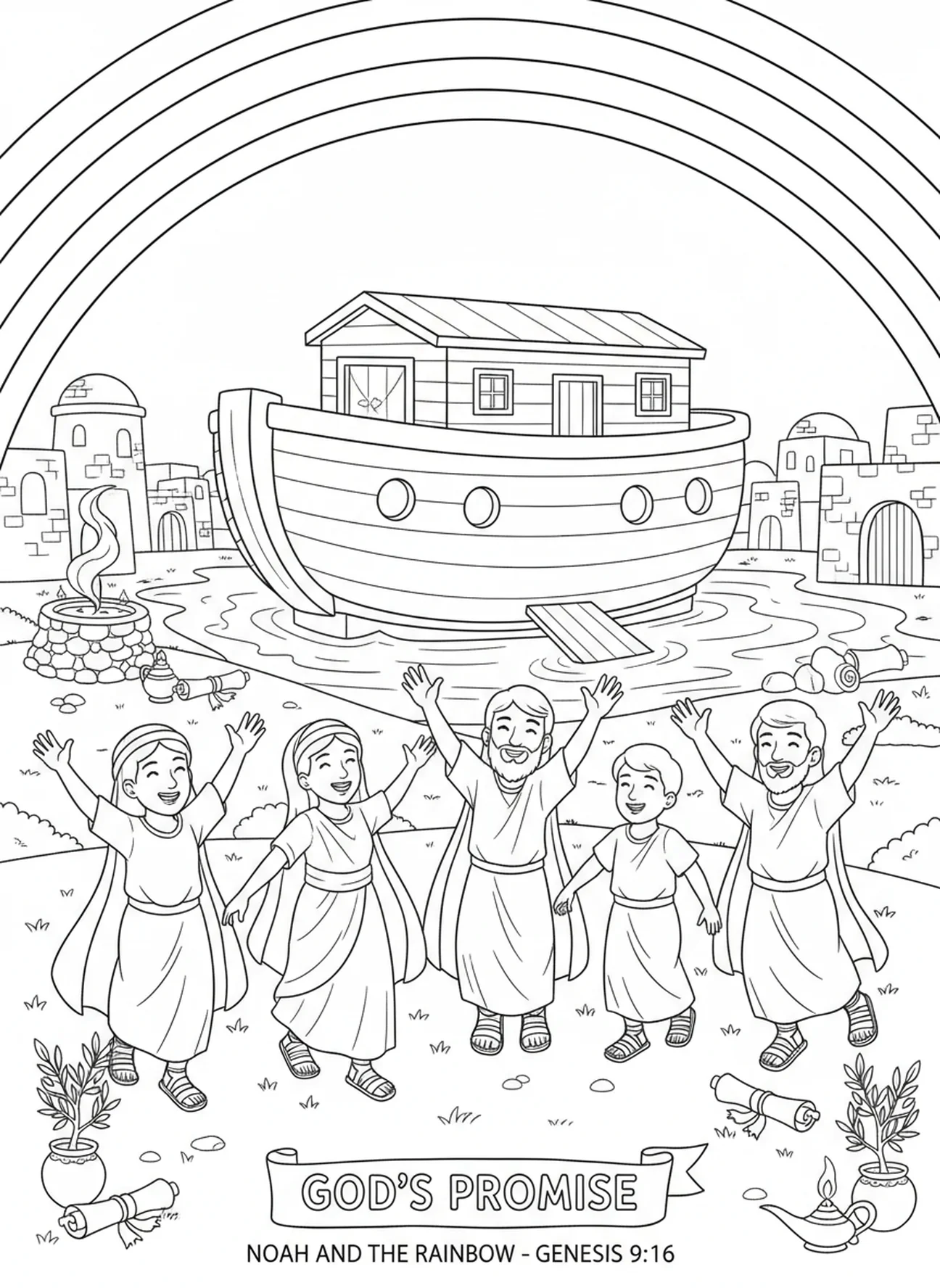 Arc-en-ciel éclatant au-dessus de l'arche, page à colorier du Credo de Nicée pour les enfants de catéchisme âgés de 5 à 12 ans.