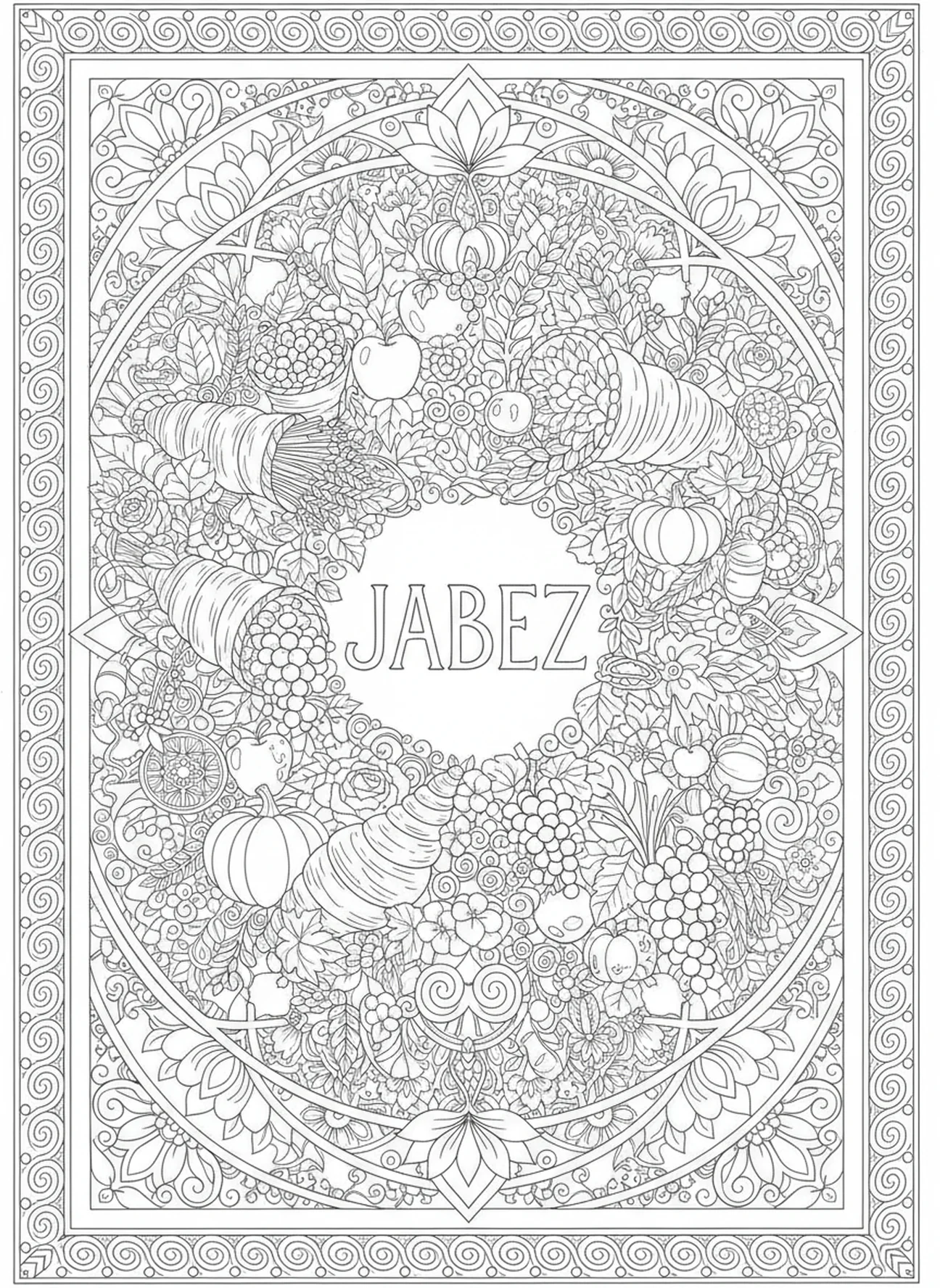 Jabez mit Ernte-Symbolen, Ausmalbild zum Gebet des Jabez im Stil des Bibel-Journaling für Erwachsene