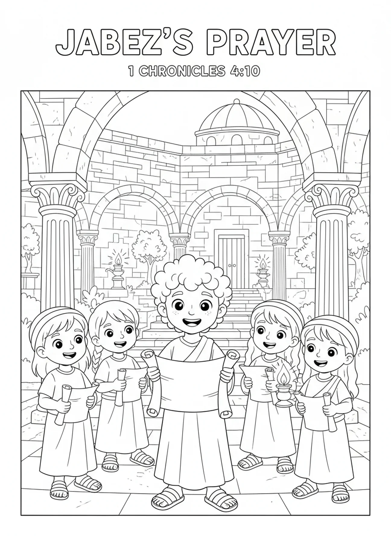 Jabez glimlachend met een perkament, Kleurplaat van het Gebed van Jabez voor Zondagsschoolkinderen van 5-12 jaar.