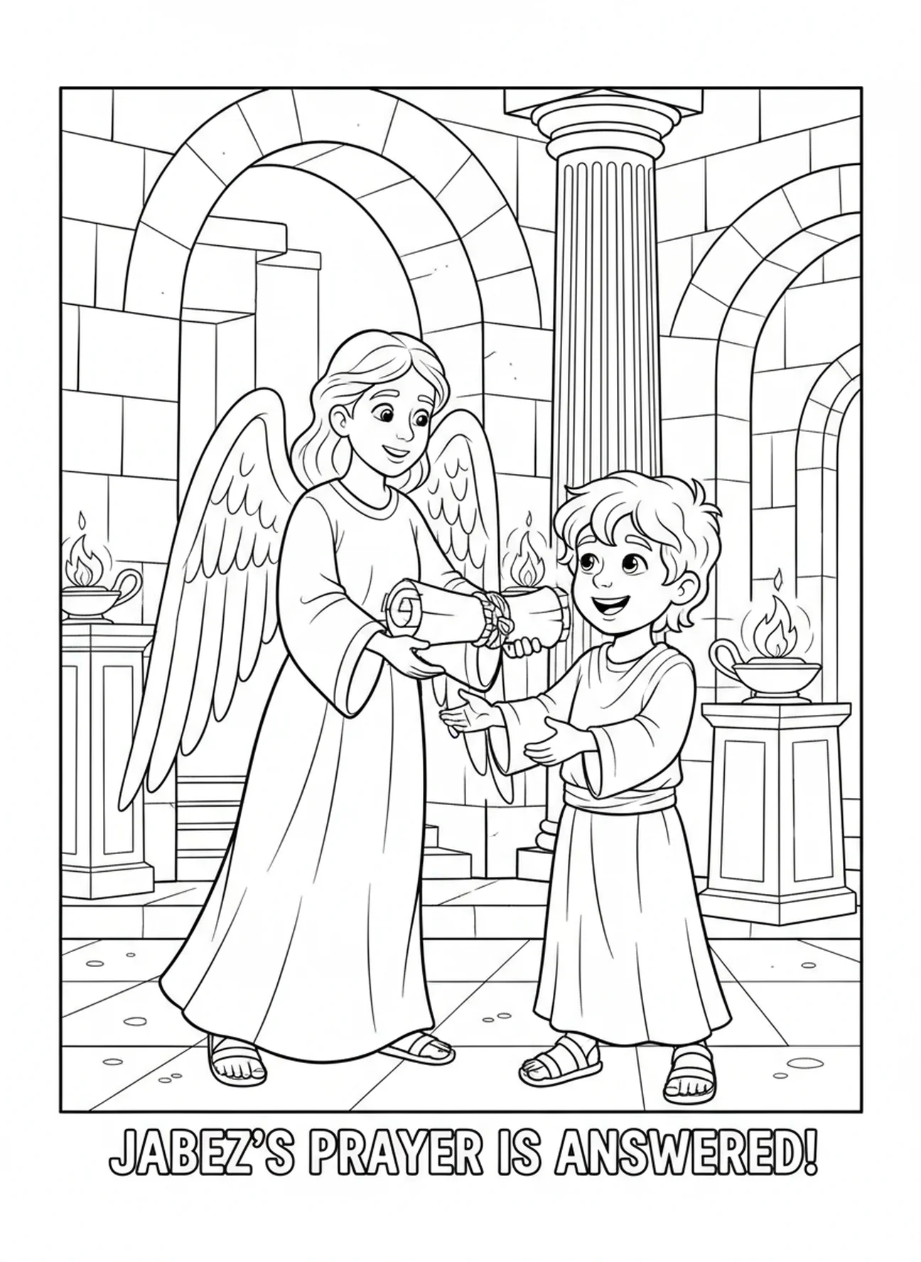Jabez ontvangt een rol van een engel, Kleurplaat van het Gebed van Jabez voor Zondagsschoolkinderen van 5-12 jaar.