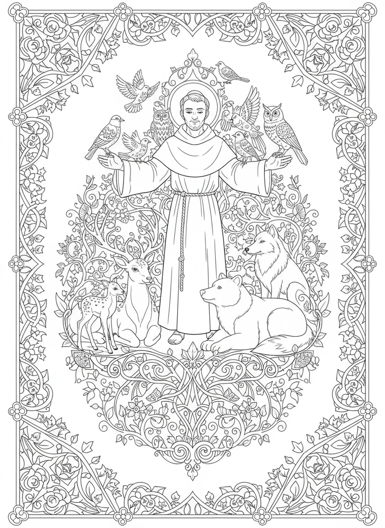 Tiere versammeln sich um den Hl. Franziskus, Ausmalbild zum Gebet des Hl. Franziskus für Erwachsene im Stil des Bibel-Journalings.