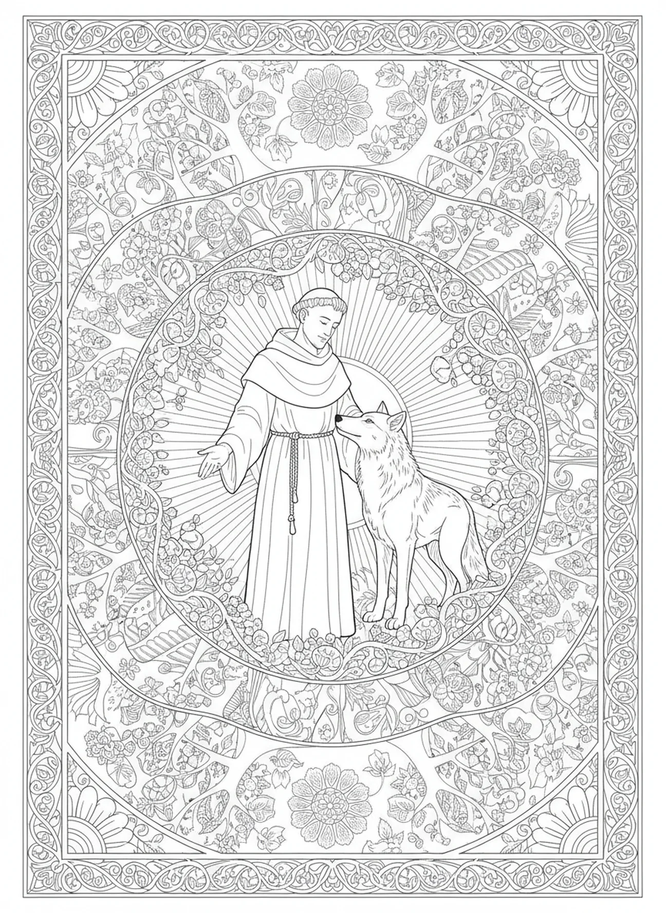 Der heilige Franziskus mit einem Wolf, Ausmalbild zum Gebet des heiligen Franziskus für Erwachsene im Stil des Bibel-Journaling.