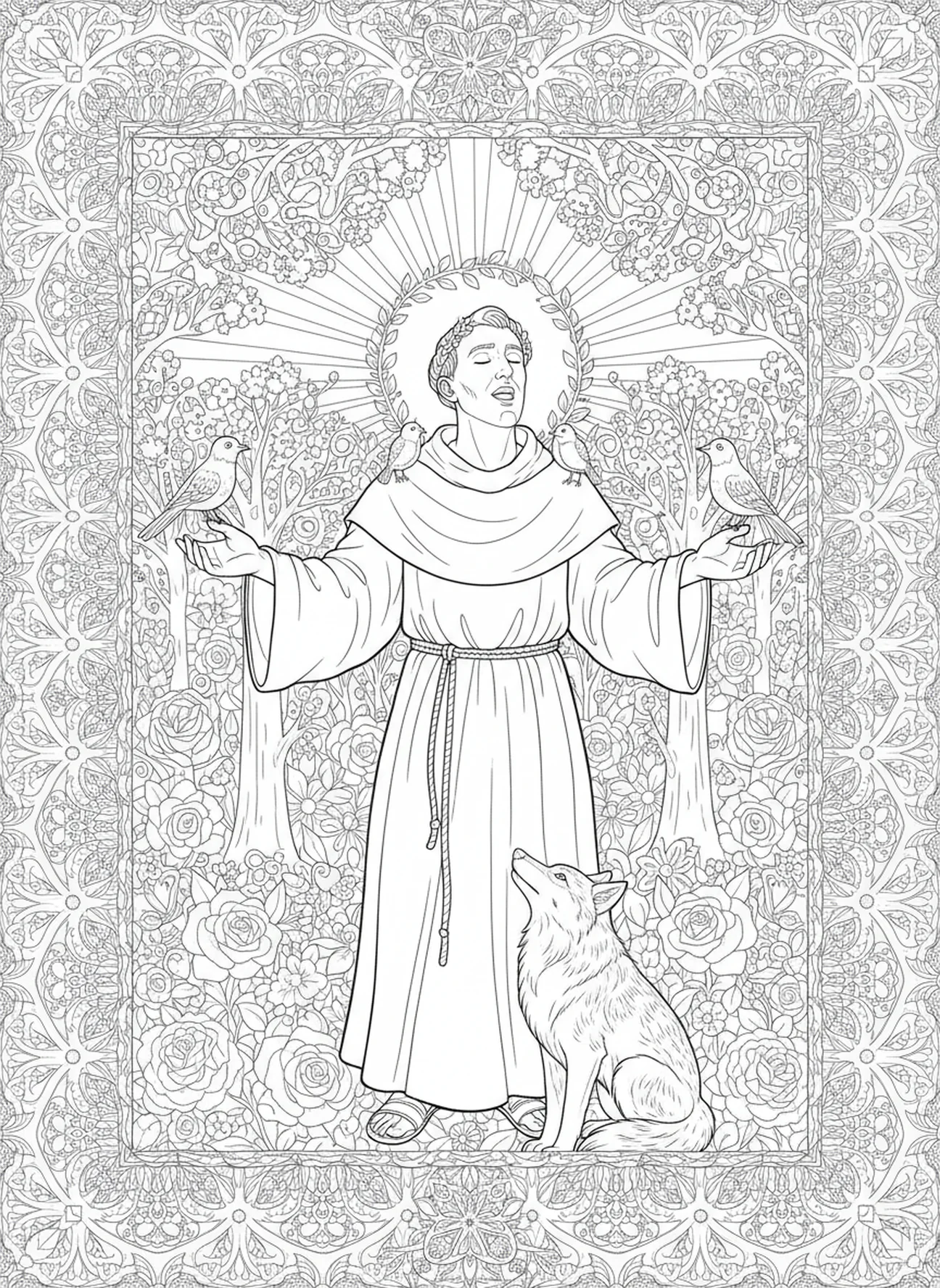 Der heilige Franziskus singt fröhlich, Ausmalbild des Gebets des heiligen Franziskus für Erwachsene im Stil des Bibeljournaling.