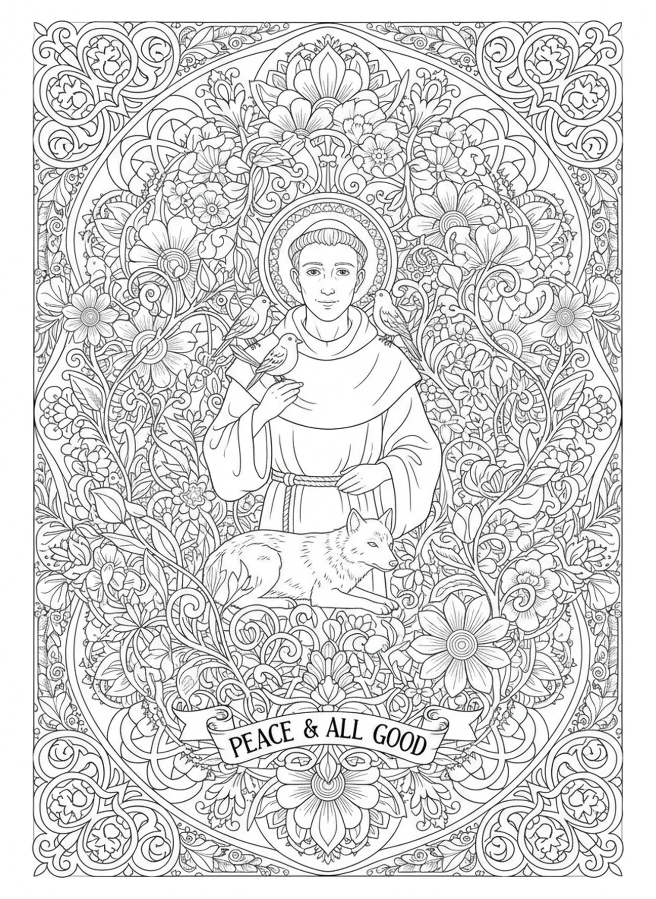 Der heilige Franziskus umgeben von Blumen, Ausmalbild zum Gebet des heiligen Franziskus für Erwachsene im Stil des Bibel-Journaling.