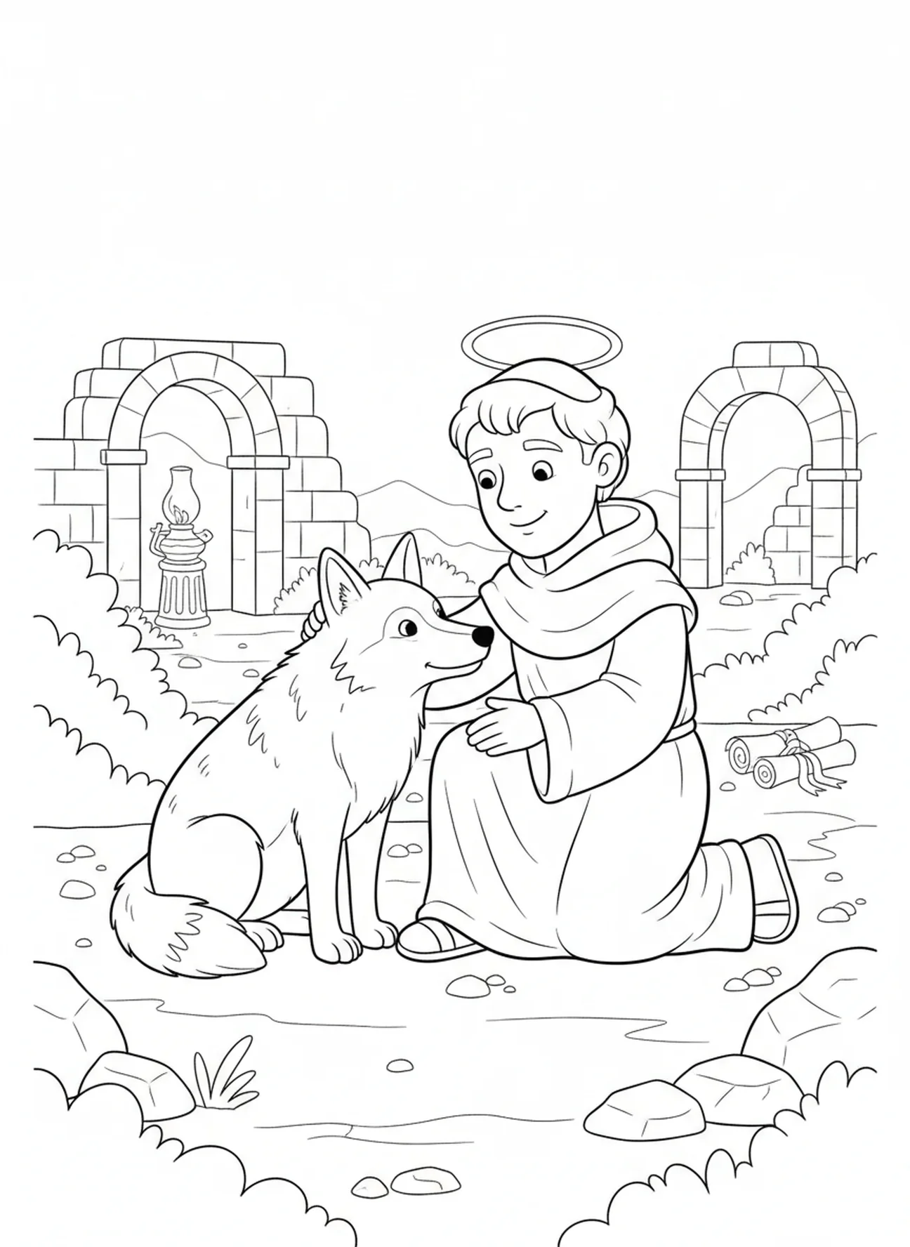 Der heilige Franziskus mit einem Wolf, Ausmalbild des Gebets des heiligen Franziskus für Kinder in der Sonntagsschule im Alter von 5-12 Jahren.