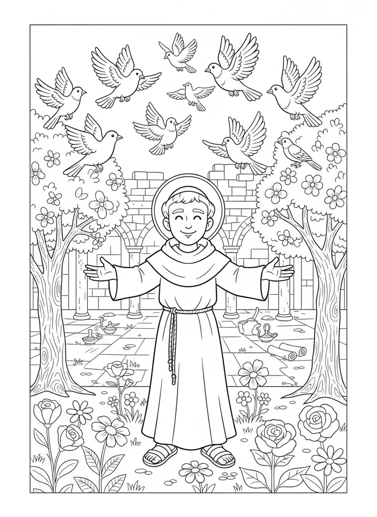 Der heilige Franziskus segnet Vögel, Ausmalbild des Gebets des heiligen Franziskus für Kinder im Religionsunterricht im Alter von 5-12 Jahren.