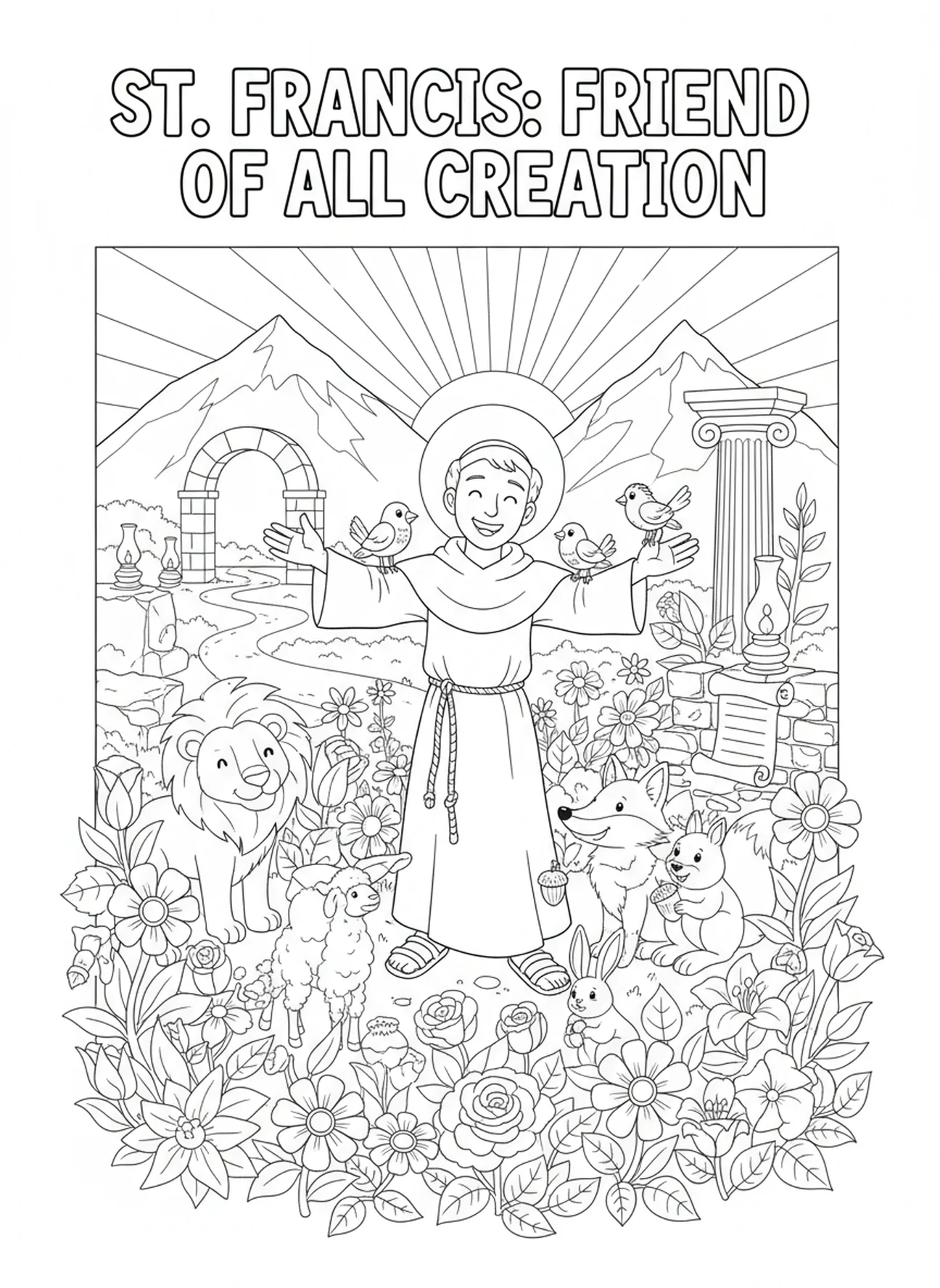 Der heilige Franziskus feiert die Natur, Ausmalbild des Gebets des heiligen Franziskus für Kinder in der Sonntagsschule im Alter von 5-12 Jahren.