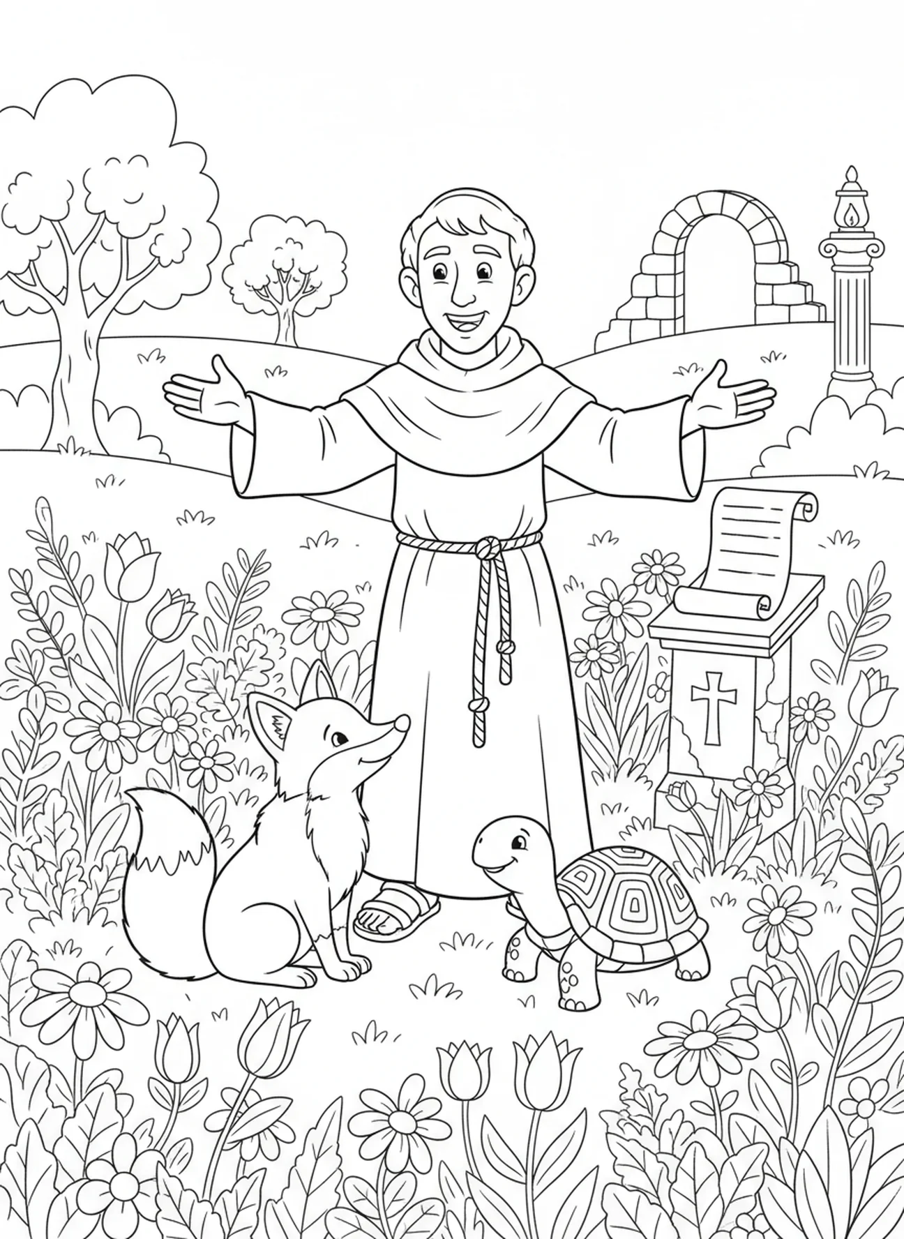 Der heilige Franziskus predigt zu Tieren, Ausmalbild des Gebets des heiligen Franziskus für Kinder im Religionsunterricht im Alter von 5-12 Jahren.