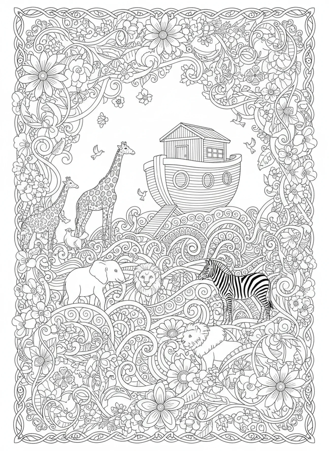 Casais de animais entrando na arca, Página para colorir de oração no estilo de journaling bíblico para adultos.